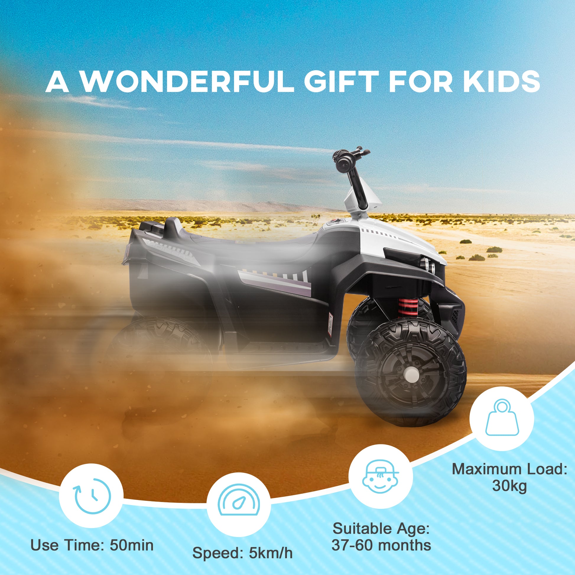 12V Kids ATV with Four Wheels Spring Suspension, Forward &; Backward, LED Light, MP3, Music, White Electric Ride On Toys   at Gallery Canada