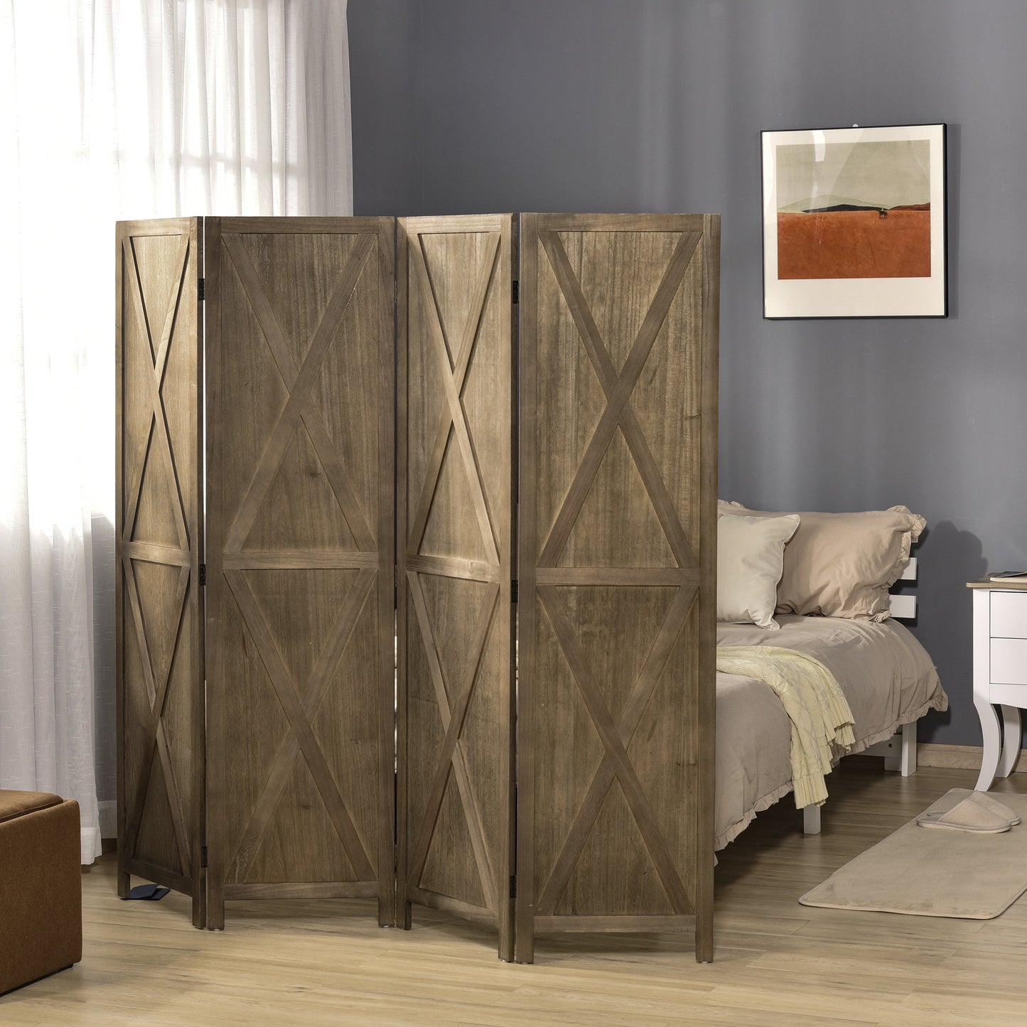 4-panel Wall Partition Farmhouse Room Separator with Foldable Design Wooden Frame 5.6FT, Brown Room Dividers   at Gallery Canada