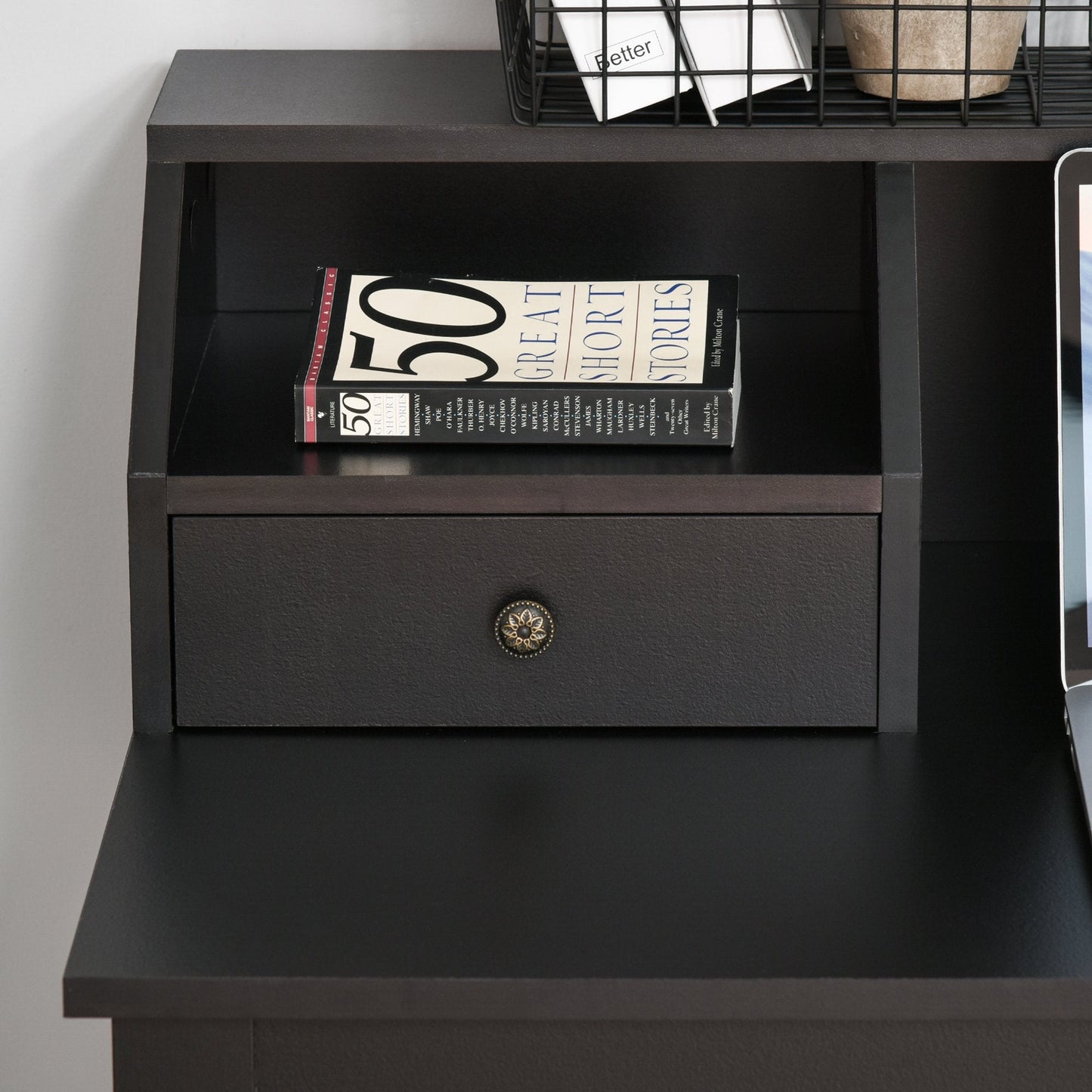 Rectangle Computer Desk with Display Shelves Drawers Home Office Table Workstation Black Wood Grain Writing Desks   at Gallery Canada