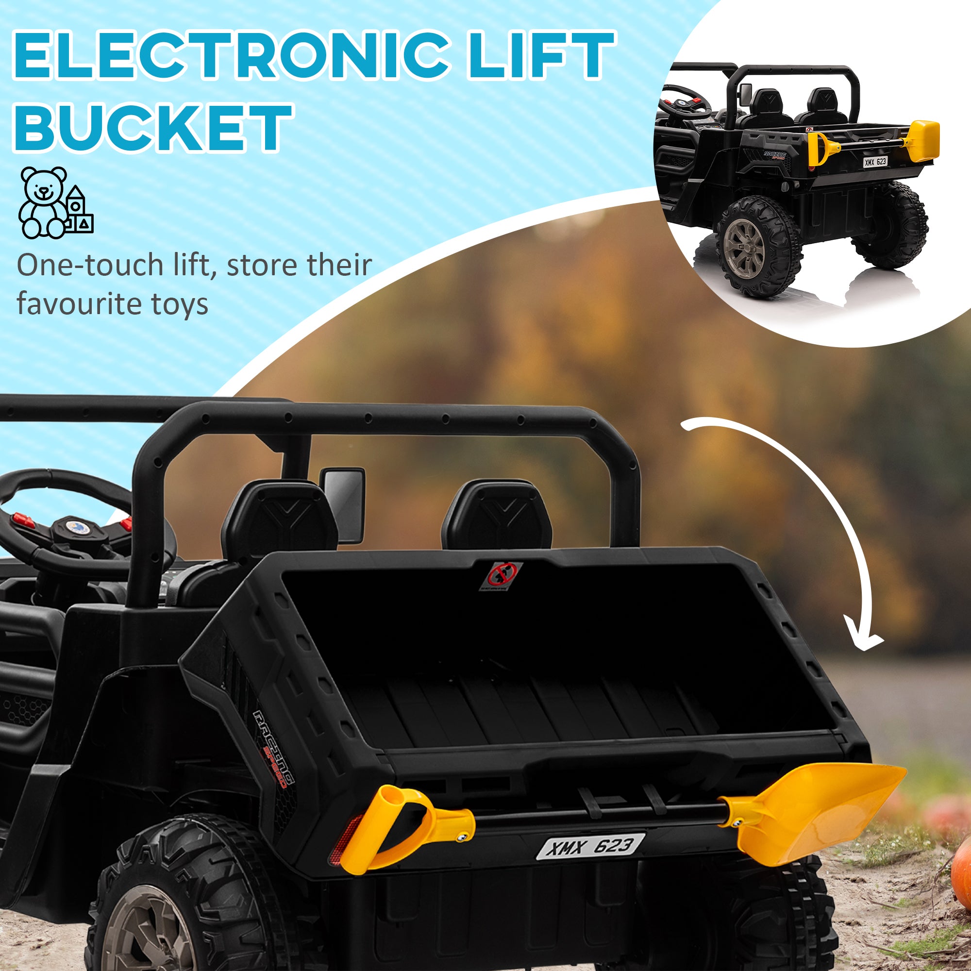 12V Ride on Car with Electric Bucket, Two-Seater, Shovel, Remote Control, Spring Suspension, Horn, Music, Black Electric Toy Cars   at Gallery Canada