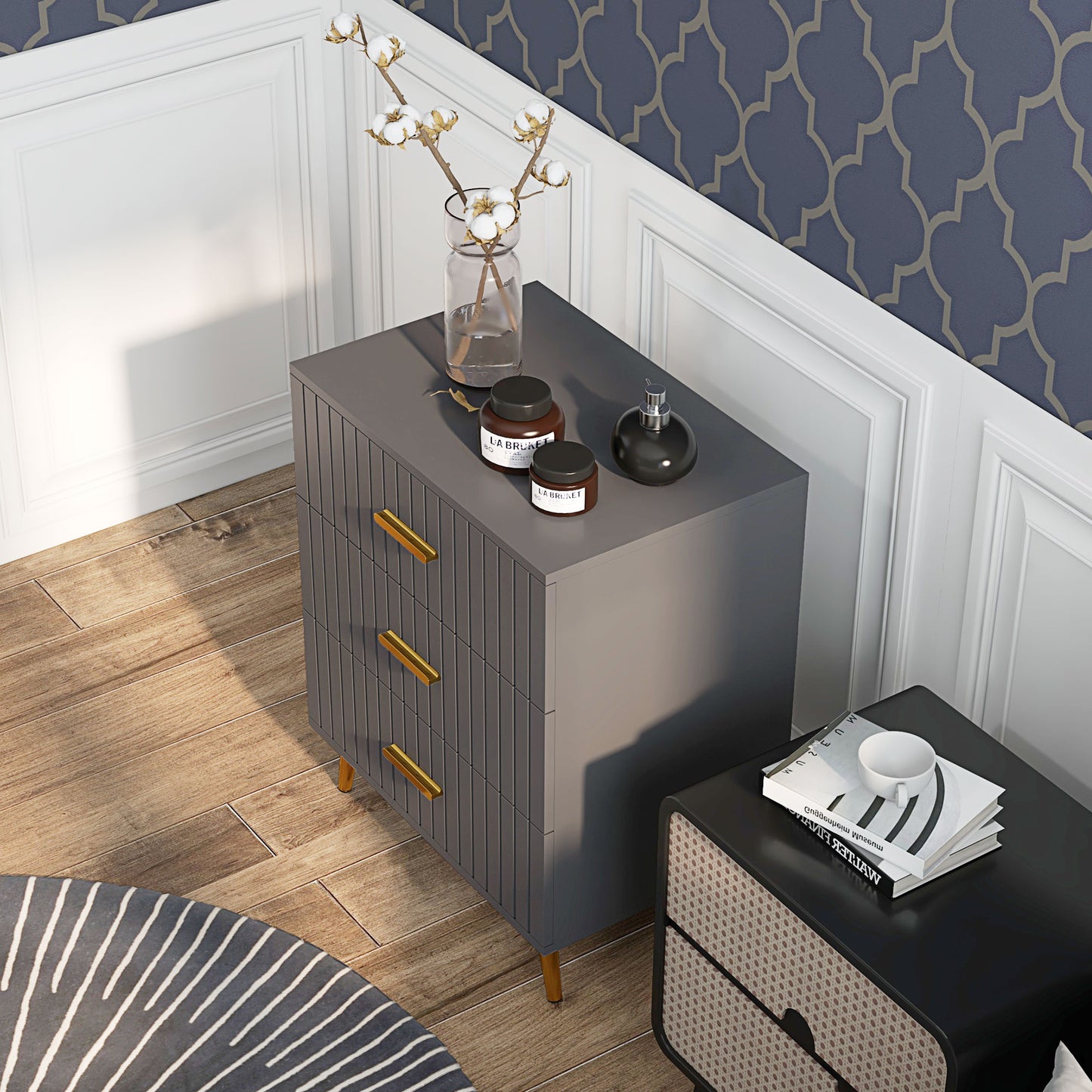 3 Drawer Cabinet, Drawer Chest for Bedroom, Chest of Drawers with Aluminium Legs and Gold Handles, Dark Grey Storage Cabinets   at Gallery Canada