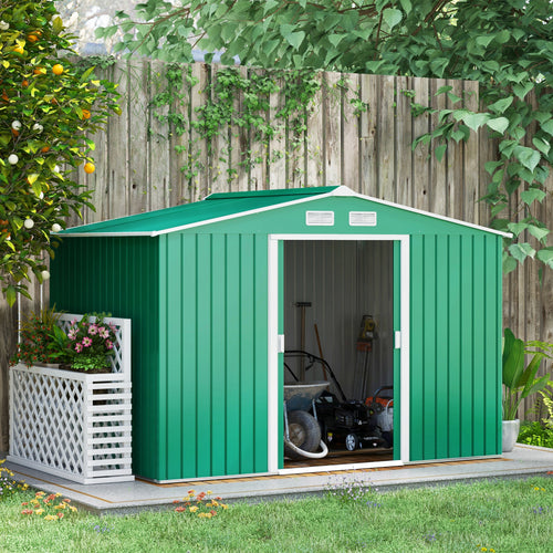 9.1' x 6.4' x 6.3' Garden Storage Shed w/ Foundation Kit Metal Tool Storage House w/ Double Doors Green
