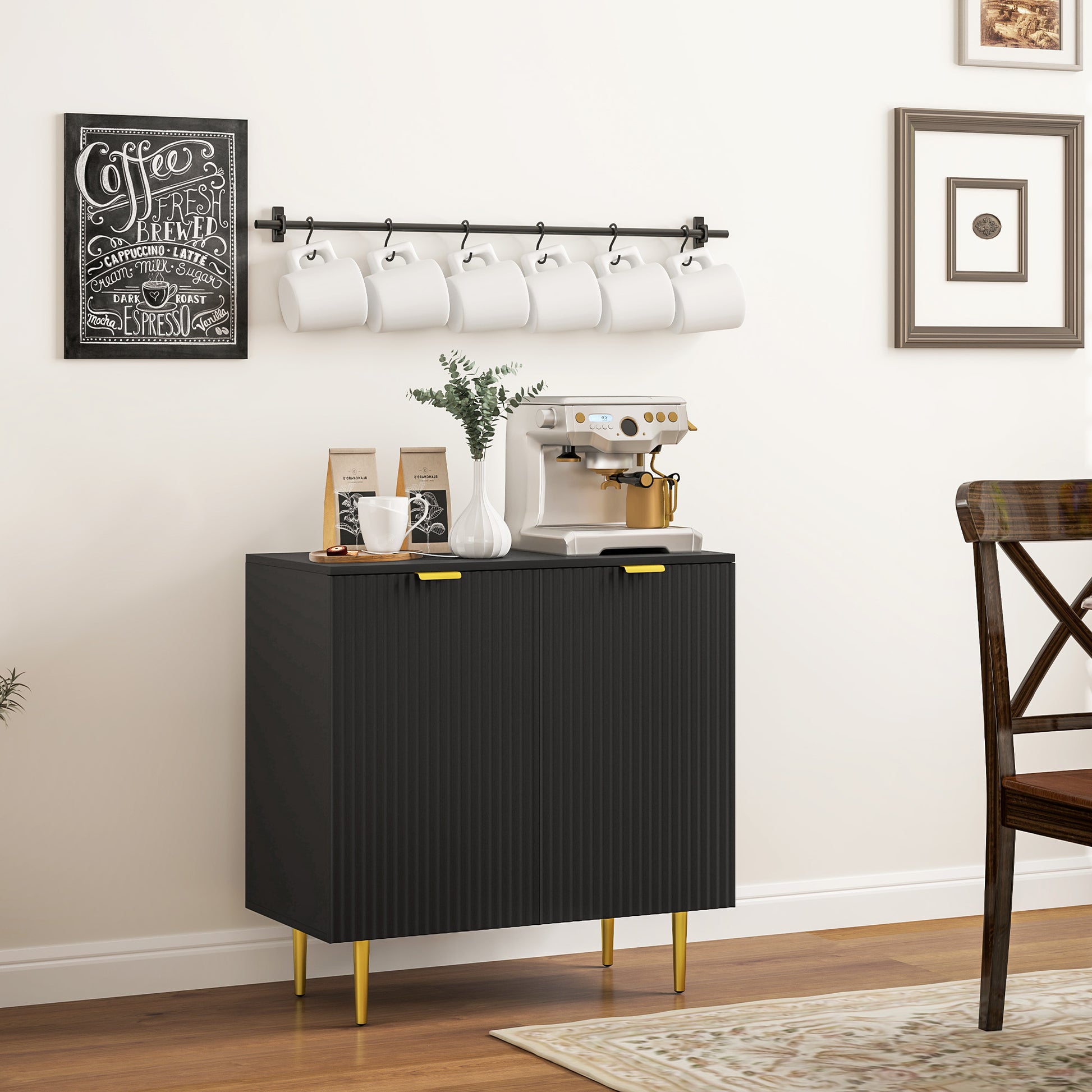 Modern Kitchen Storage Cabinet, Sideboard Buffet Cabinet with Adjustable Shelves and Metal Legs for Kitchen, Black Bar Cabinets   at Gallery Canada