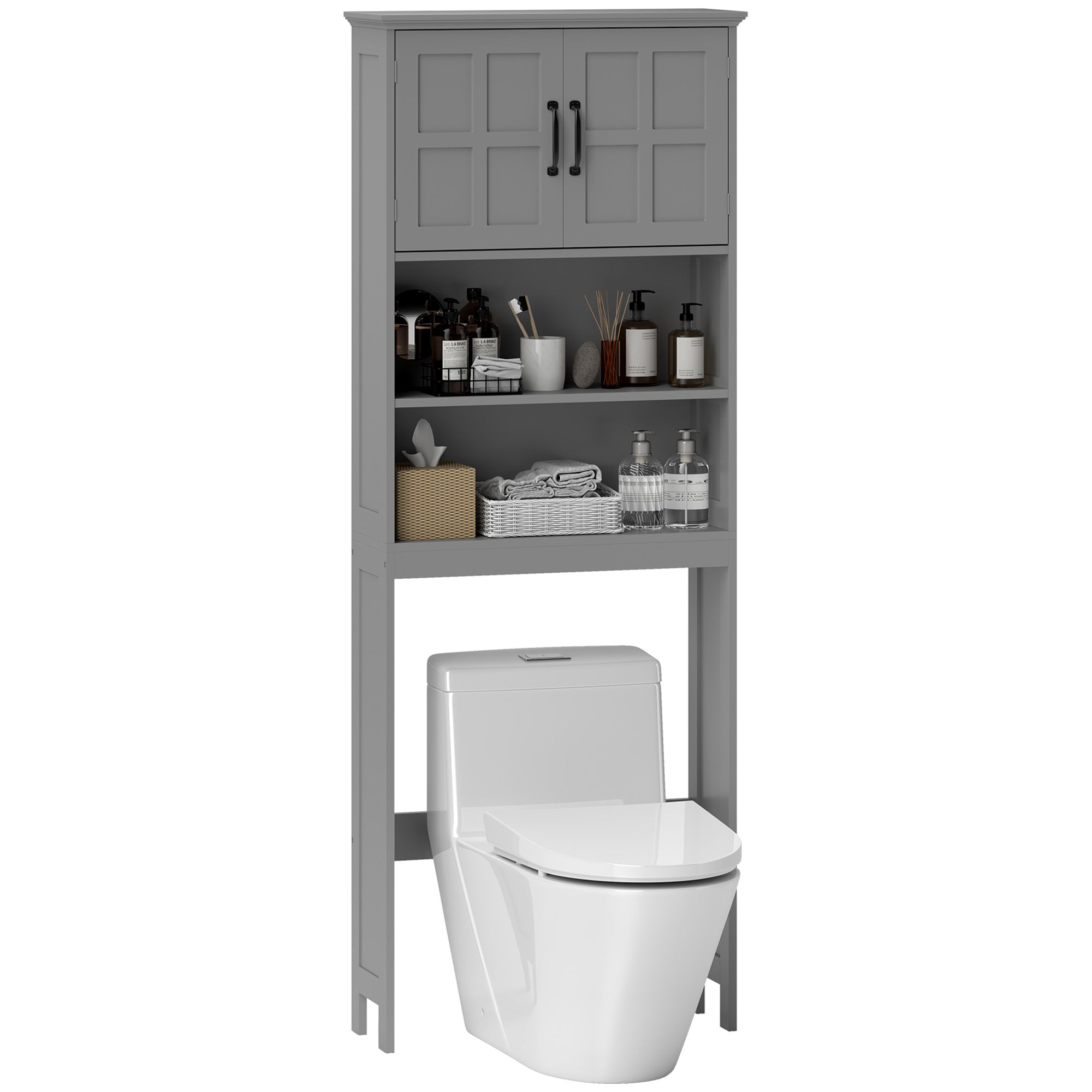 Modern Over The Toilet Storage, Bathroom Cabinets Over Toilet with Open Shelves and Double Door Cabinet, Grey Bathroom Cabinets   at Gallery Canada