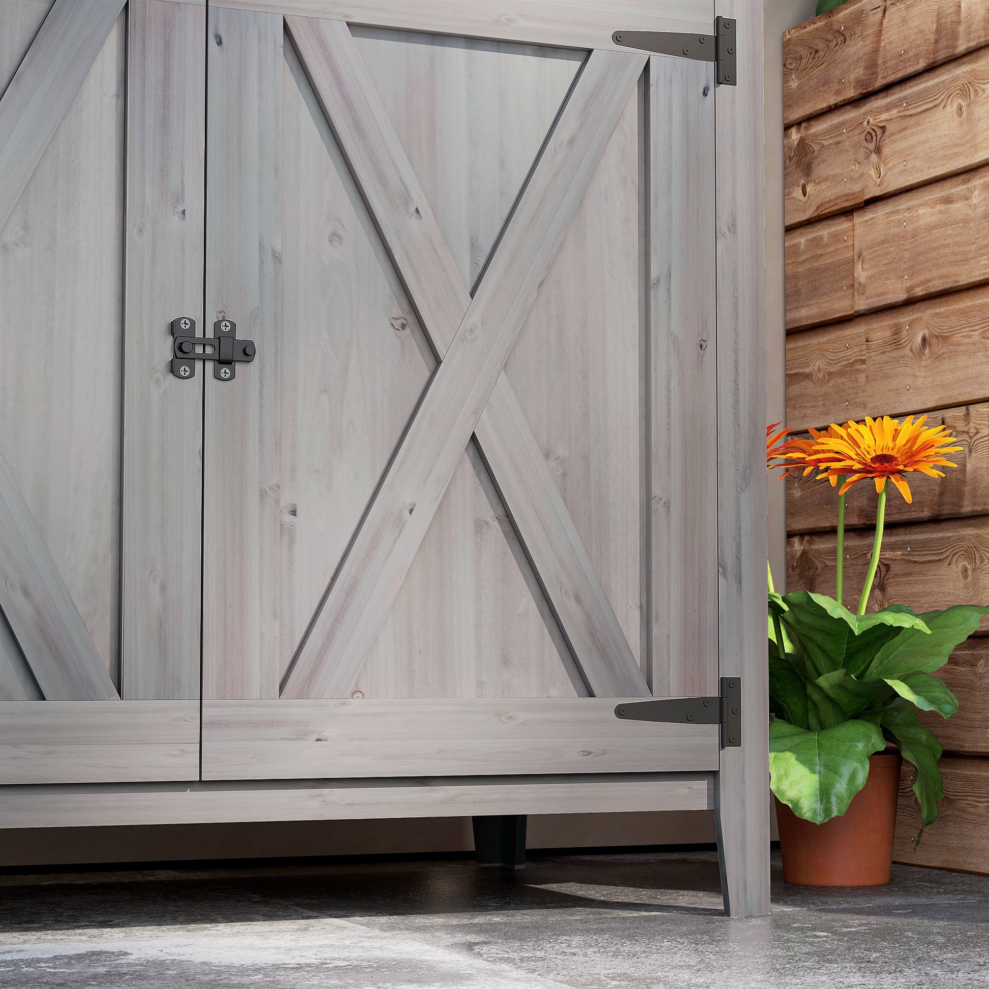 Wooden Outdoor Storage Cabinet, Garden Shed Potting Shed with Shelf and Double Doors, Light Grey Sheds at Gallery Canada