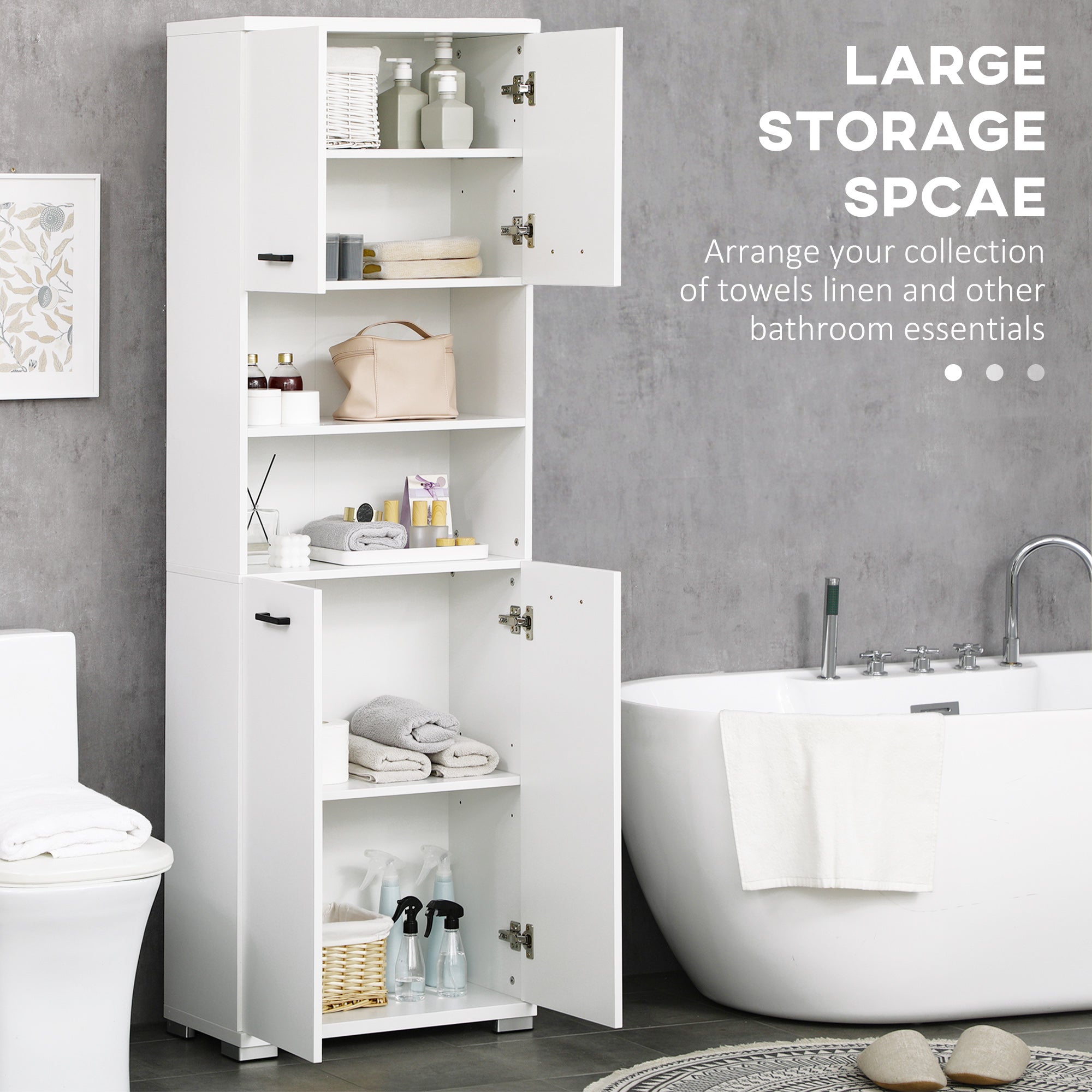 Bathroom Cabinet, Freestanding Linen Cabinet with Open Shelves and Cupboards, 23.6