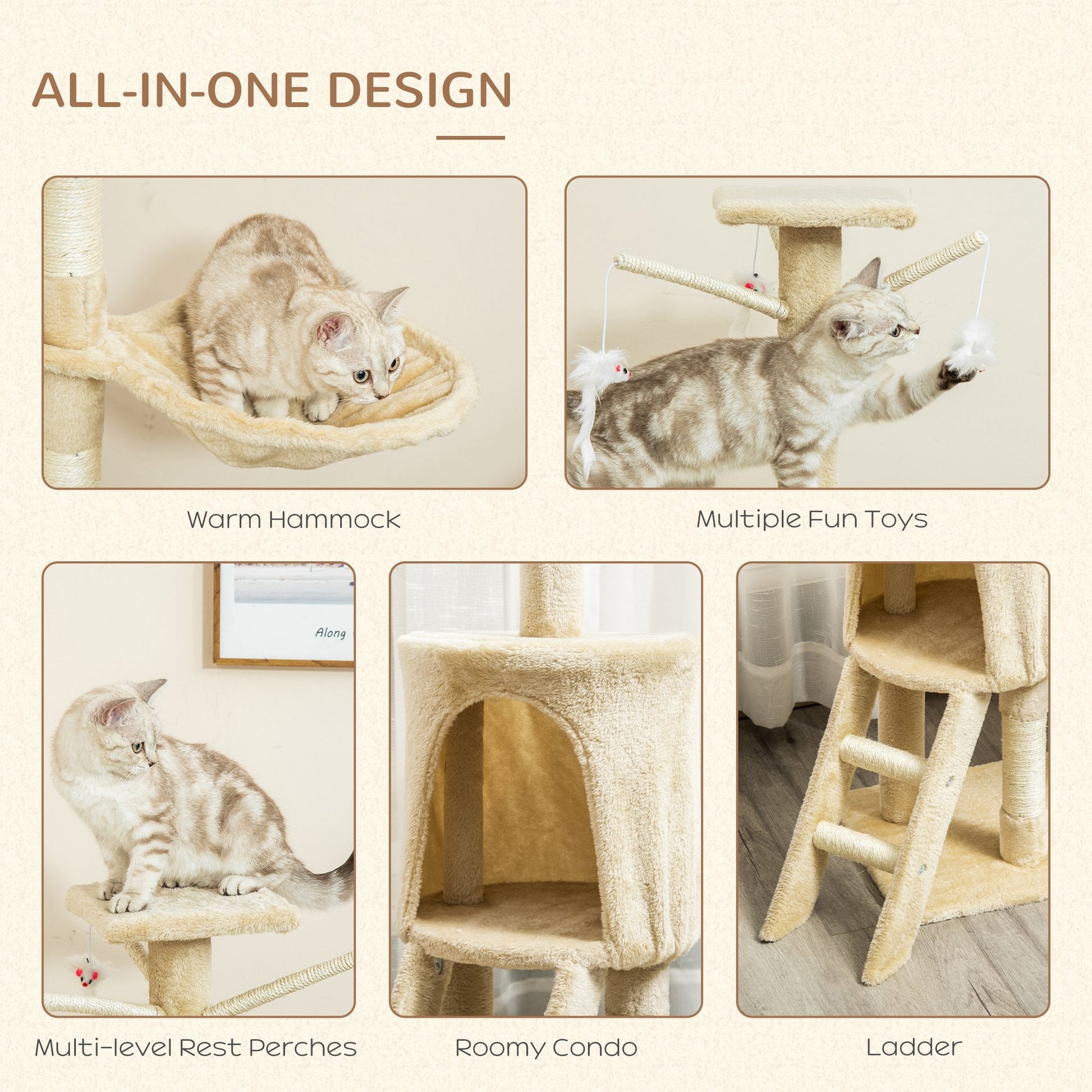 52" Multi-Level Cat Tree, Kitten Playhouse, Cat Activity Center with Scratching Post Rest Condo, Hammock Beige Cat Towers   at Gallery Canada