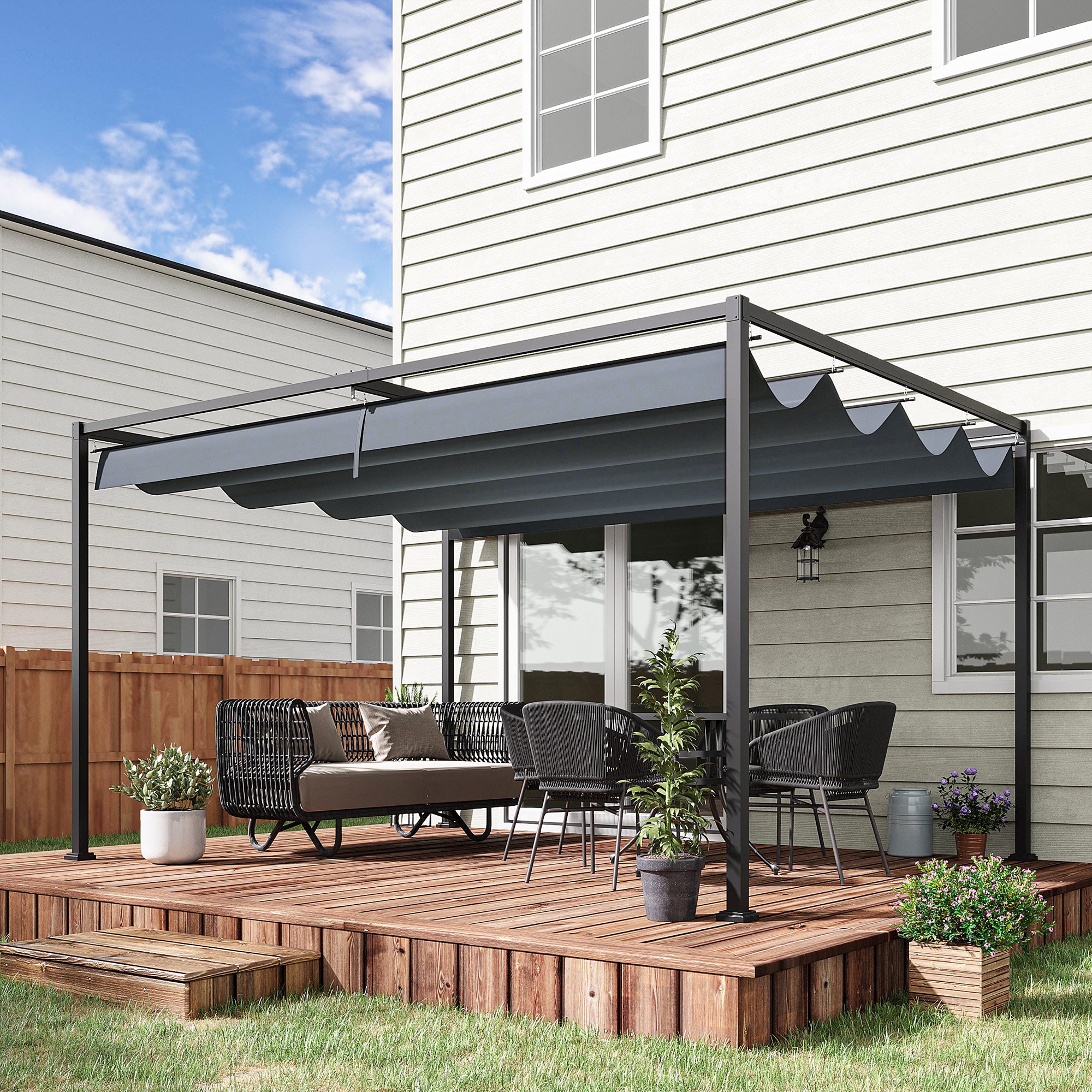 13' x 10' Patio Pergola with Retractable Canopy, Outdoor Sun Shelter, Yard Shade, Dark Grey Pergolas at Gallery Canada