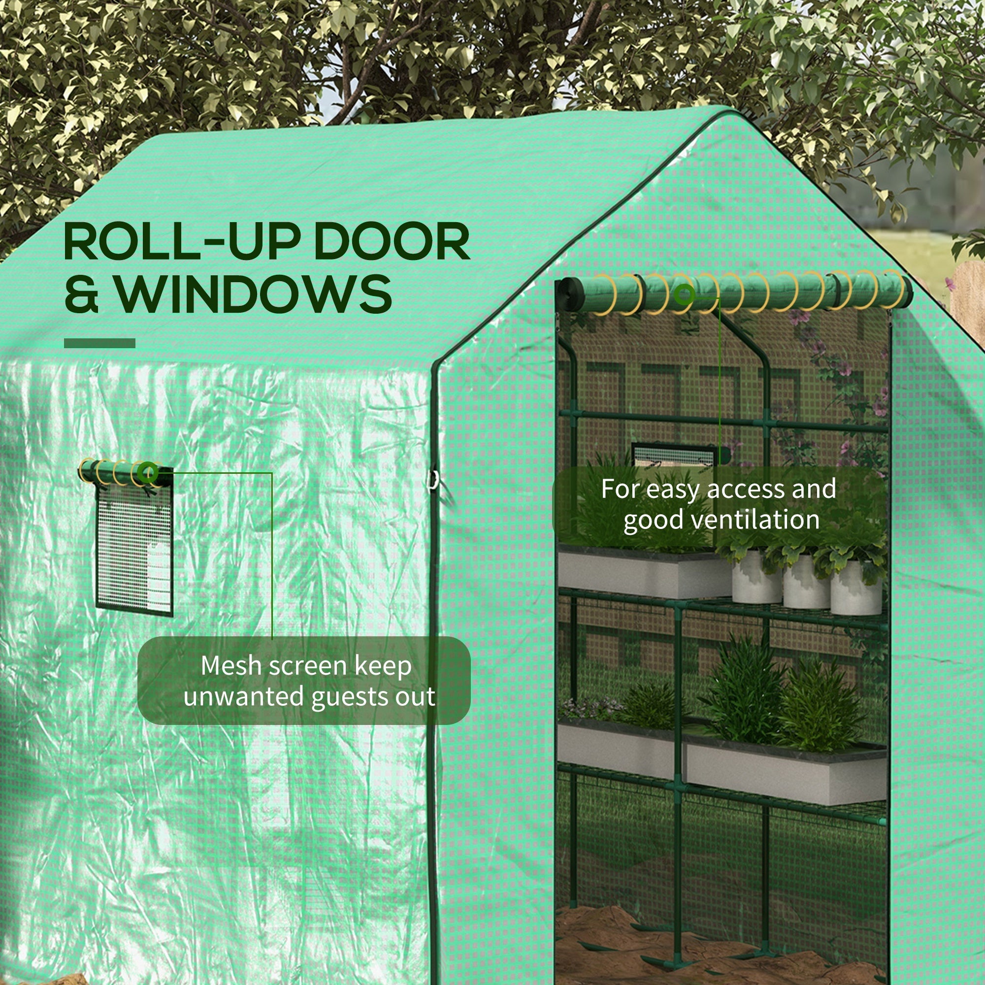 3-Tier 8-Shelf Walk-in Greenhouse with PE Cover and Roll-up Door, Green Walk In Greenhouses   at Gallery Canada