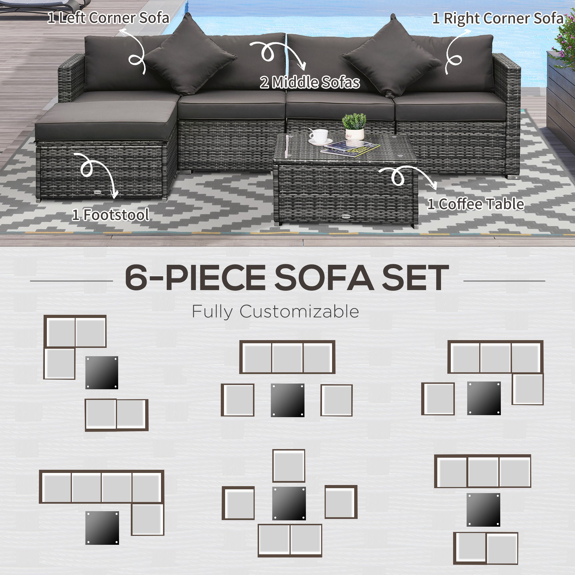 6 Pieces Outdoor PE Rattan Wicker Patio Furniture Sofa Set with Thick Cushions, Deluxe Garden Sectional Couch with Glass Top Table, Mixed Grey and Charcoal Patio Furniture Sets at Gallery Canada