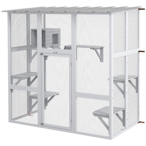 Outdoor Cat Enclosure Window Box with Weatherproof Roof, Bridge, Resting Box, Platforms, for 2 Kittens, White