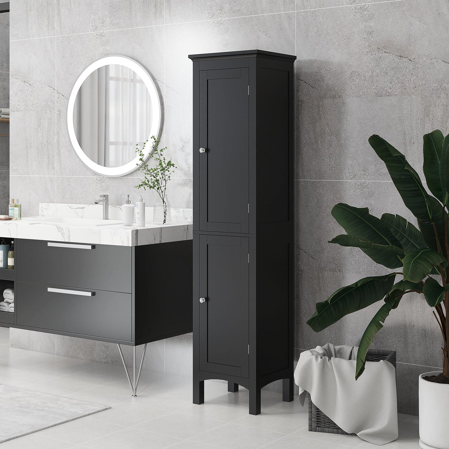 Tall Bathroom Cabinet, Freestanding Storage Organizer with Adjustable Shelves and Cupboards, 15" x 13" x 63", Black Bathroom Cabinets   at Gallery Canada