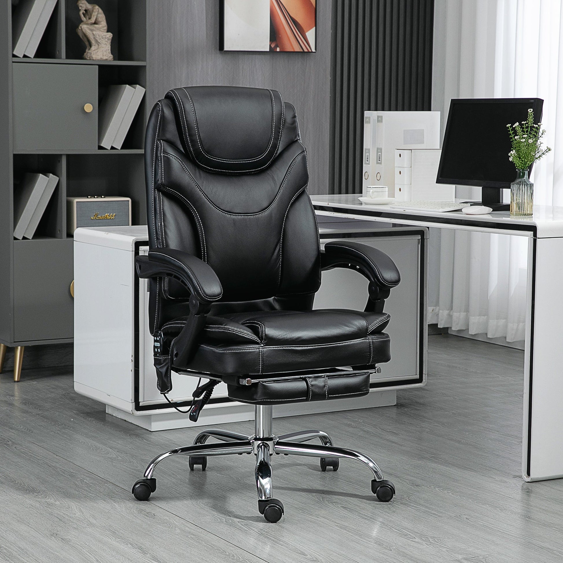 6 Point Vibration Massage Office Chair, PU Leather Heated Reclining Computer Chair with Footrest, Black Massage Chairs   at Gallery Canada