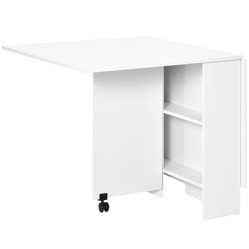 Extendable Dining Table, Collapsible Folding Table w/ 2-tier Shelves and Rolling Casters, White