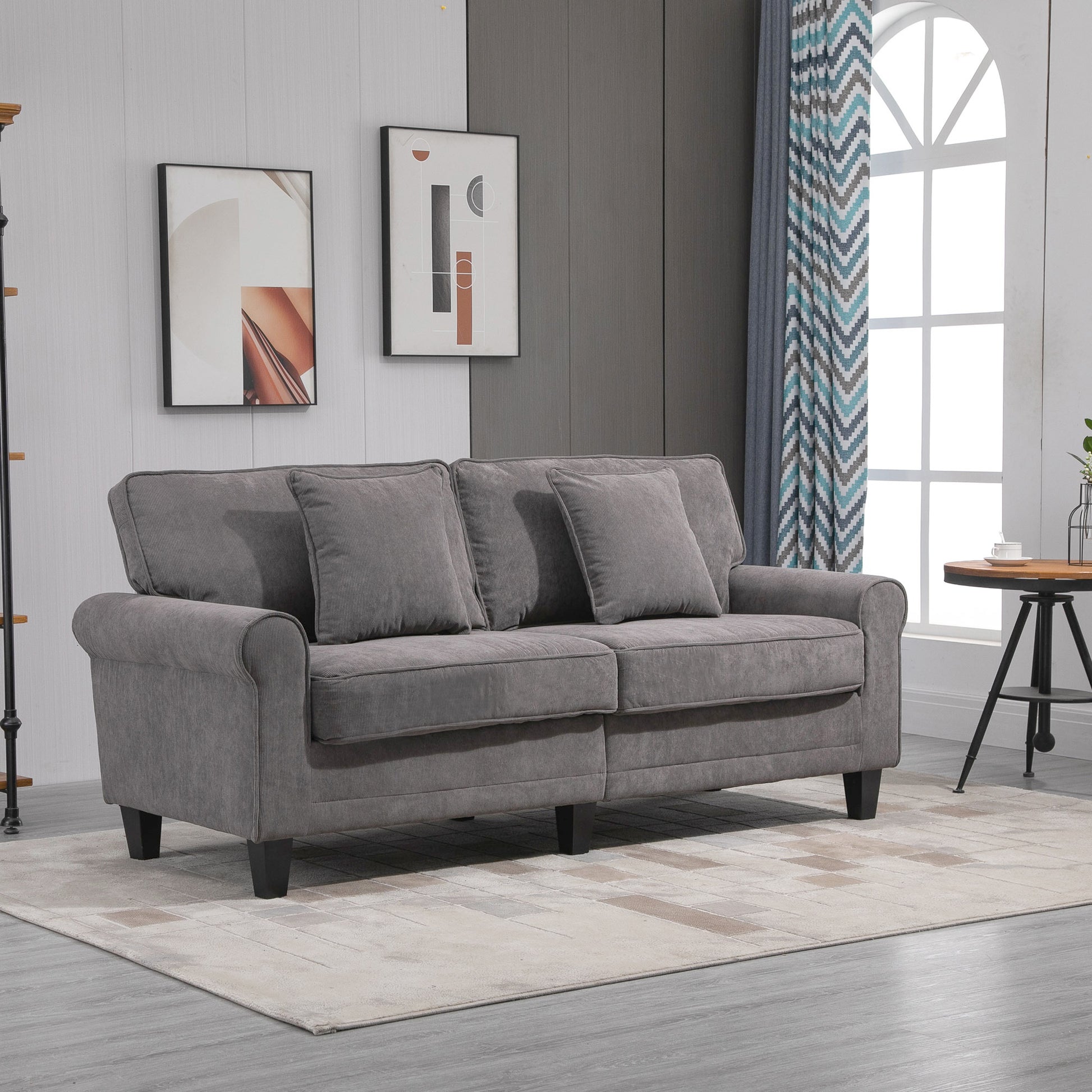 Modern 3 Seater Sofa, Corduroy Fabric 3 Seater Couch with Pine Wood Legs and Rolled Armrests for Living Room, Light Grey 3-Seater Sofas   at Gallery Canada