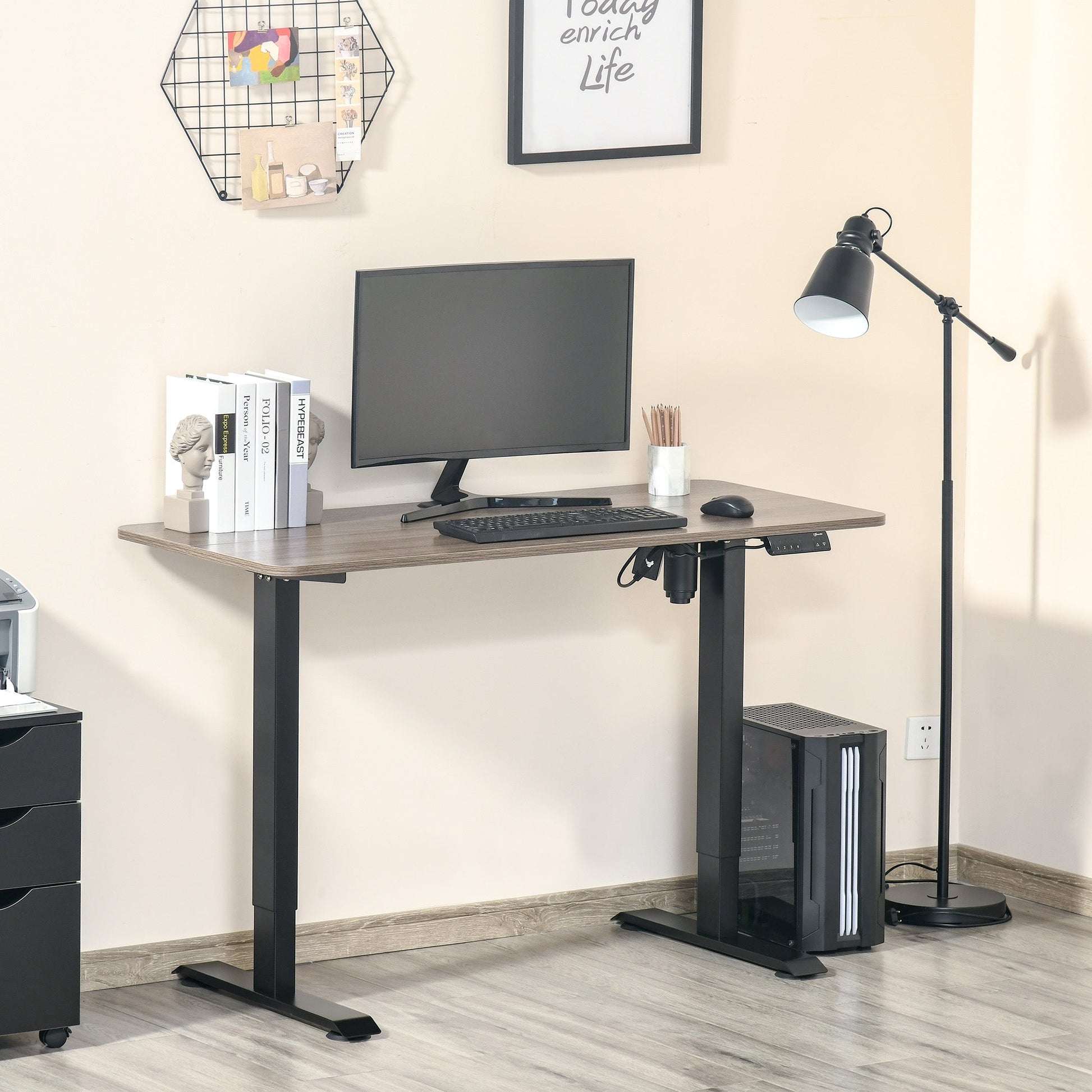 Electric Height Adjustable Standing Desk with 4 Memory Controller, 54 x 24 Inches Sit Stand Home Office Desk with Splice Board. Teak and Black Computer Desks   at Gallery Canada