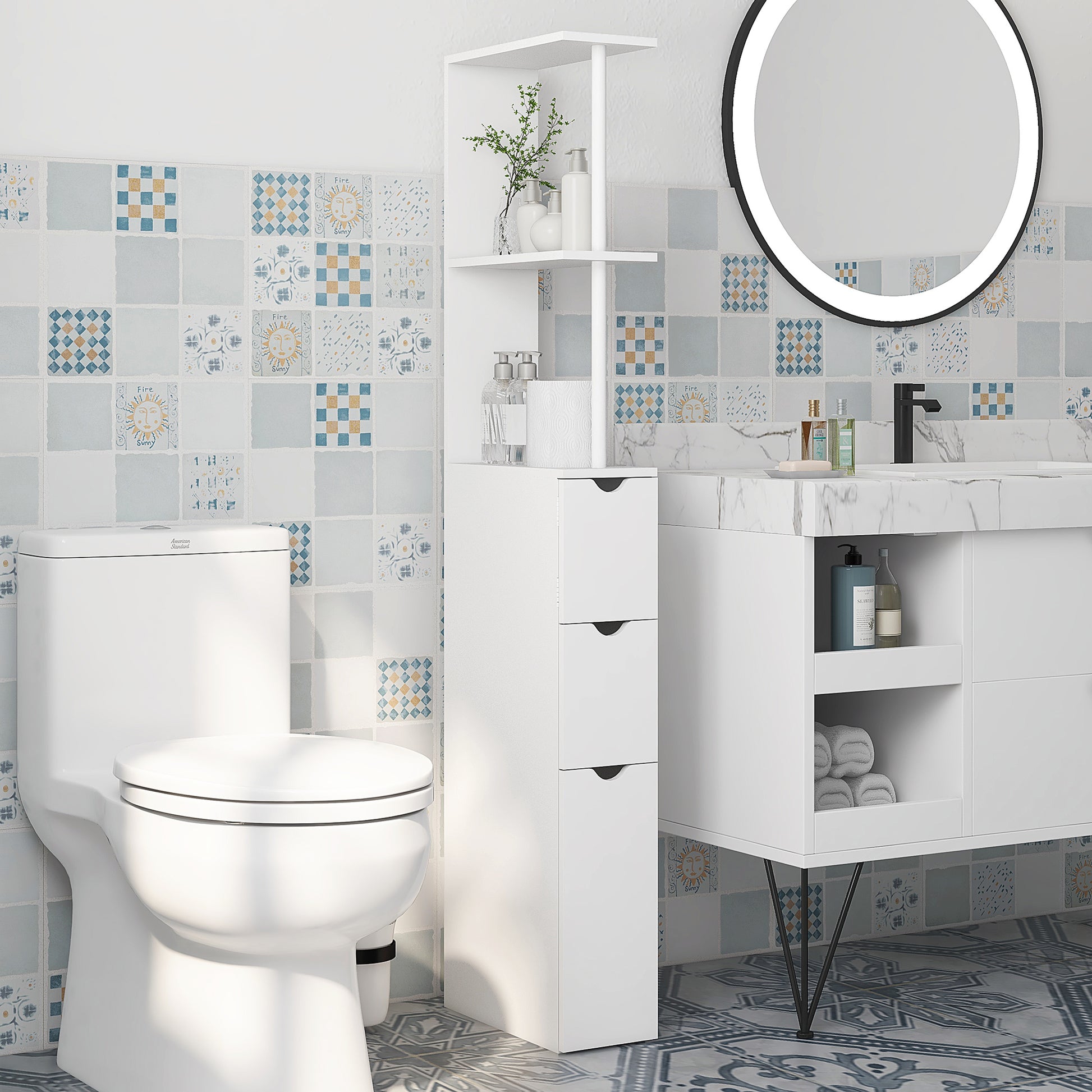 Tall Bathroom Storage Cabinet, Narrow Bathroom Cabinet with Drawers and Open Shelves for Small Spaces, White Bathroom Cabinets White  at Gallery Canada