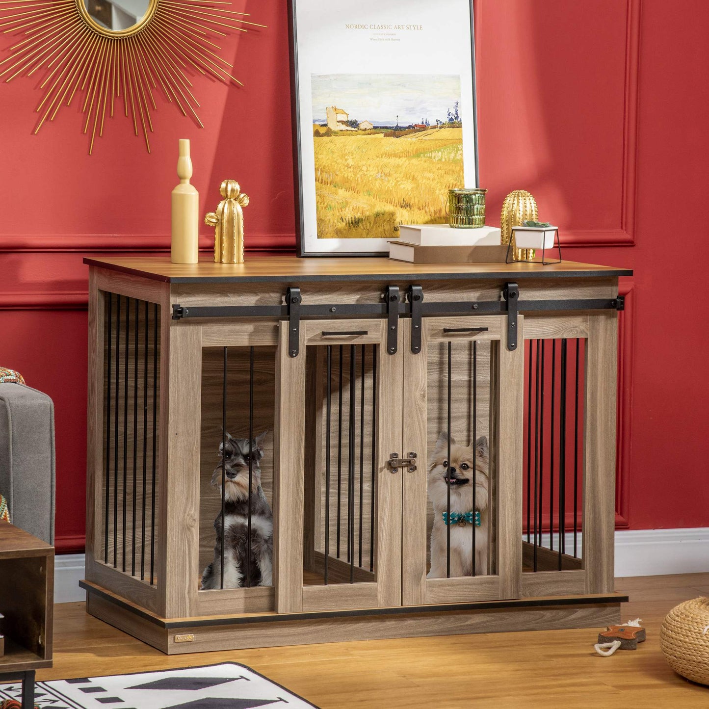 Wooden Dog Crate Furniture with Divider, TV Stand, 2 Rooms, Sliding Doors, Oak Houses, Kennels & Pens   at Gallery Canada