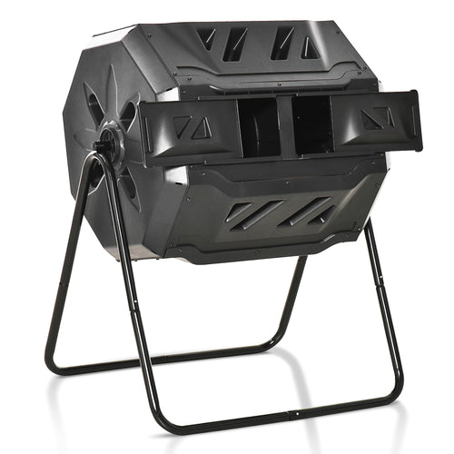 43 Gallon (160L) Tumbling Compost Bin Outdoor Dual Chamber 360° Rotating Composter with Sliding Doors, Solid Steel Frame and Gloves, Black
