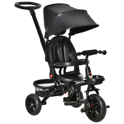 4-in-1 Baby Tricycle with Adjustable Seat, Handle, Canopy, Storage, Black