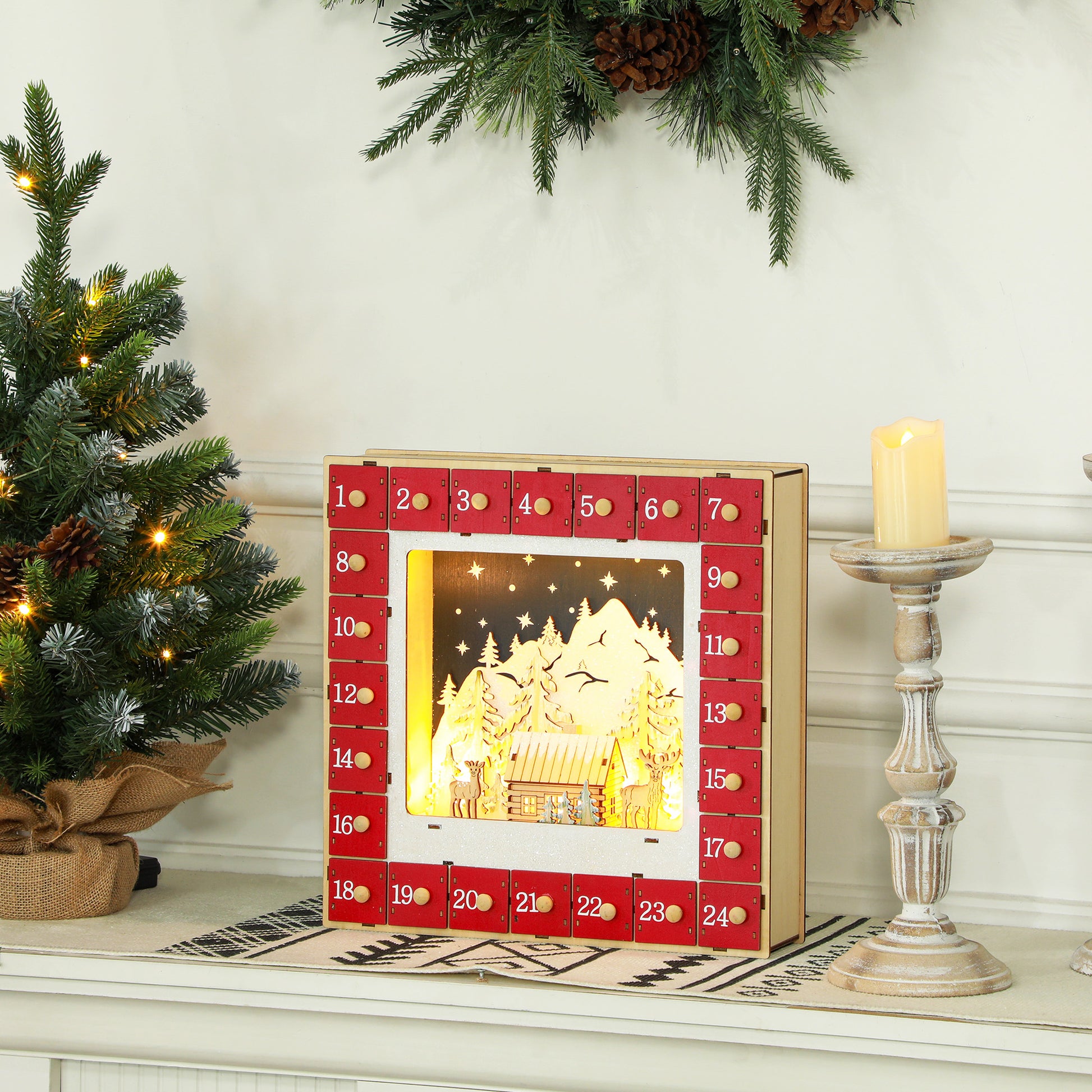 Wooden Christmas Advent Calendar, Light Up Holiday Decoration with 24 Countdown Drawers, Battery Operated Christmas Advent Calendars   at Gallery Canada