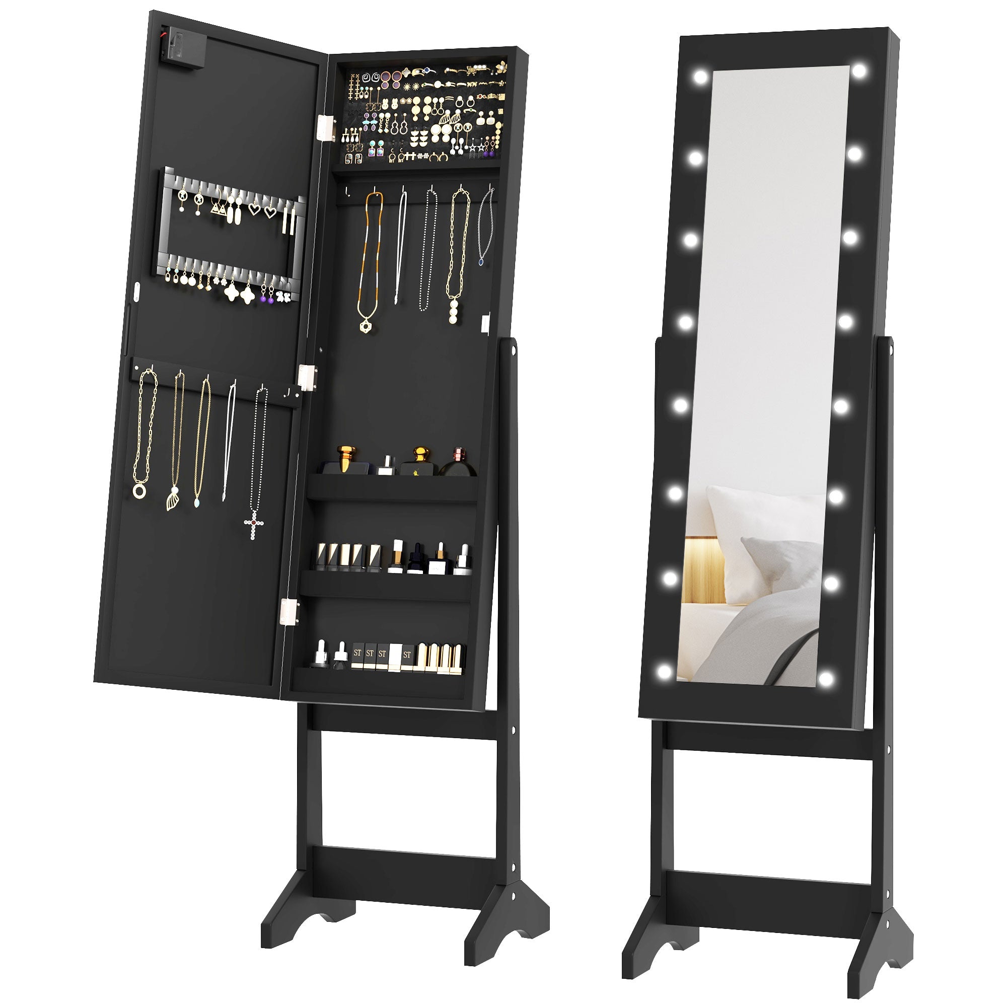 Free Standing Armoire Organizer, Lighted Mirrored Jewelry Cabinet w/ Angle Adjustable &; 16 LED Lights Black Jewelry Armoire & Jewellery Mirror Cabinets at Gallery Canada