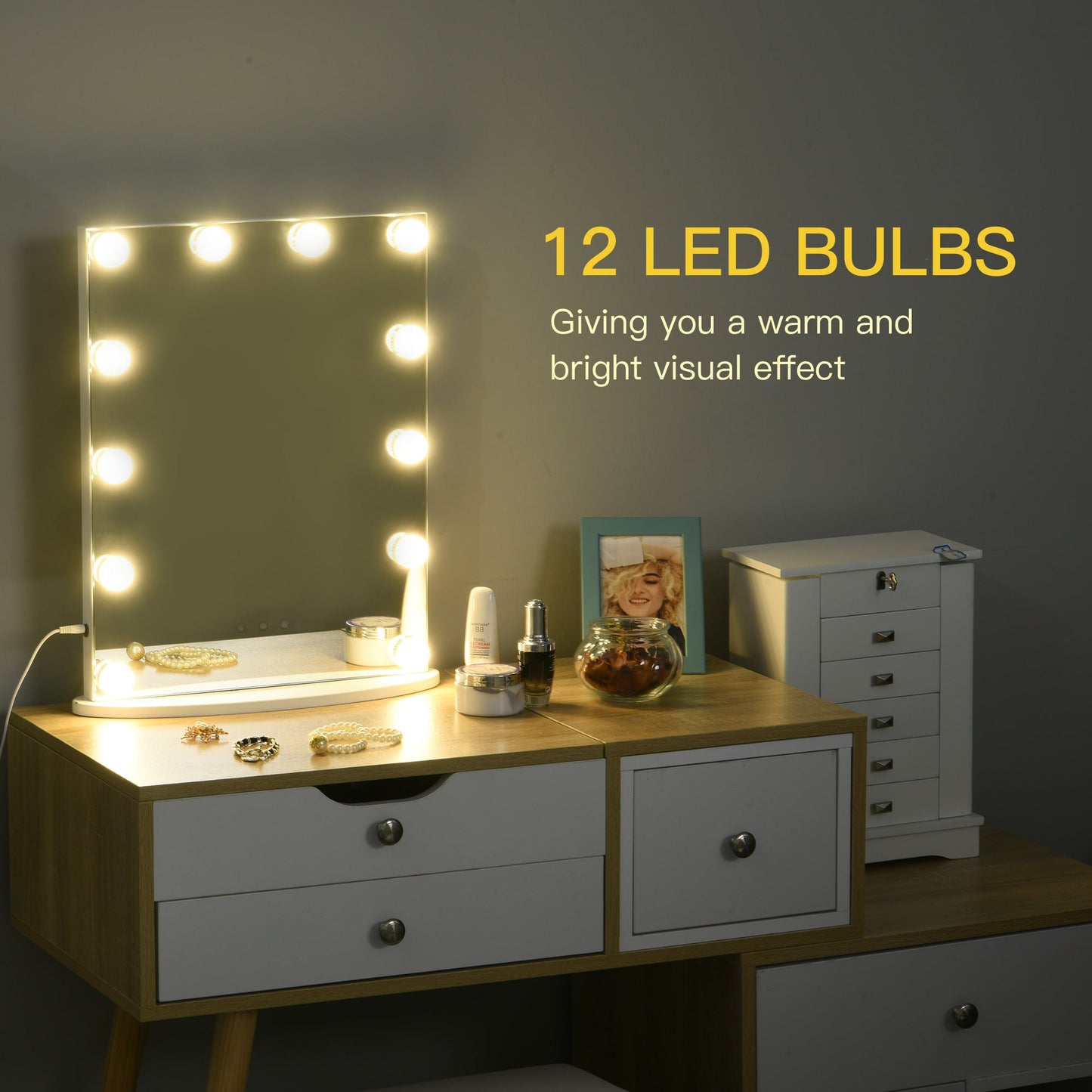 Hollywood Lighted Makeup Mirror with 12 Dimmable LED Bulbs, 3 Lighting Modes, Touch Control, White Wall Mirrors   at Gallery Canada