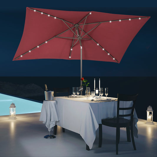 6.5x10ft Patio Umbrella Rectangle Solar Powered Tilt Aluminum Outdoor Market Parasol with LEDs Crank (Wine Red) - Gallery Canada