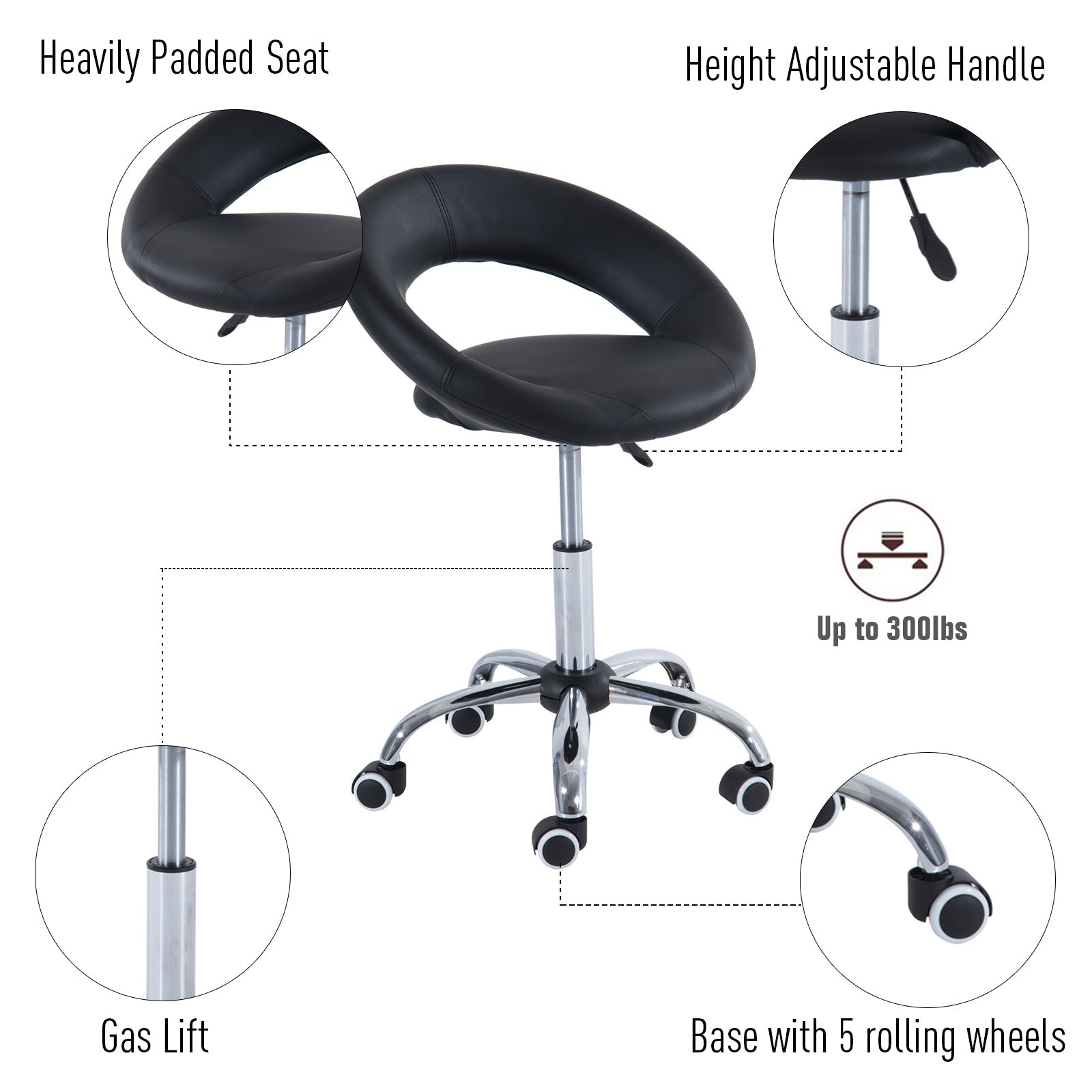 Modern Hydraulic Moon Salon Stool Rolling Swivel Chair Massage Spa Tattoo Pub Bar Stool, Black and Chrome Salon Stools   at Gallery Canada