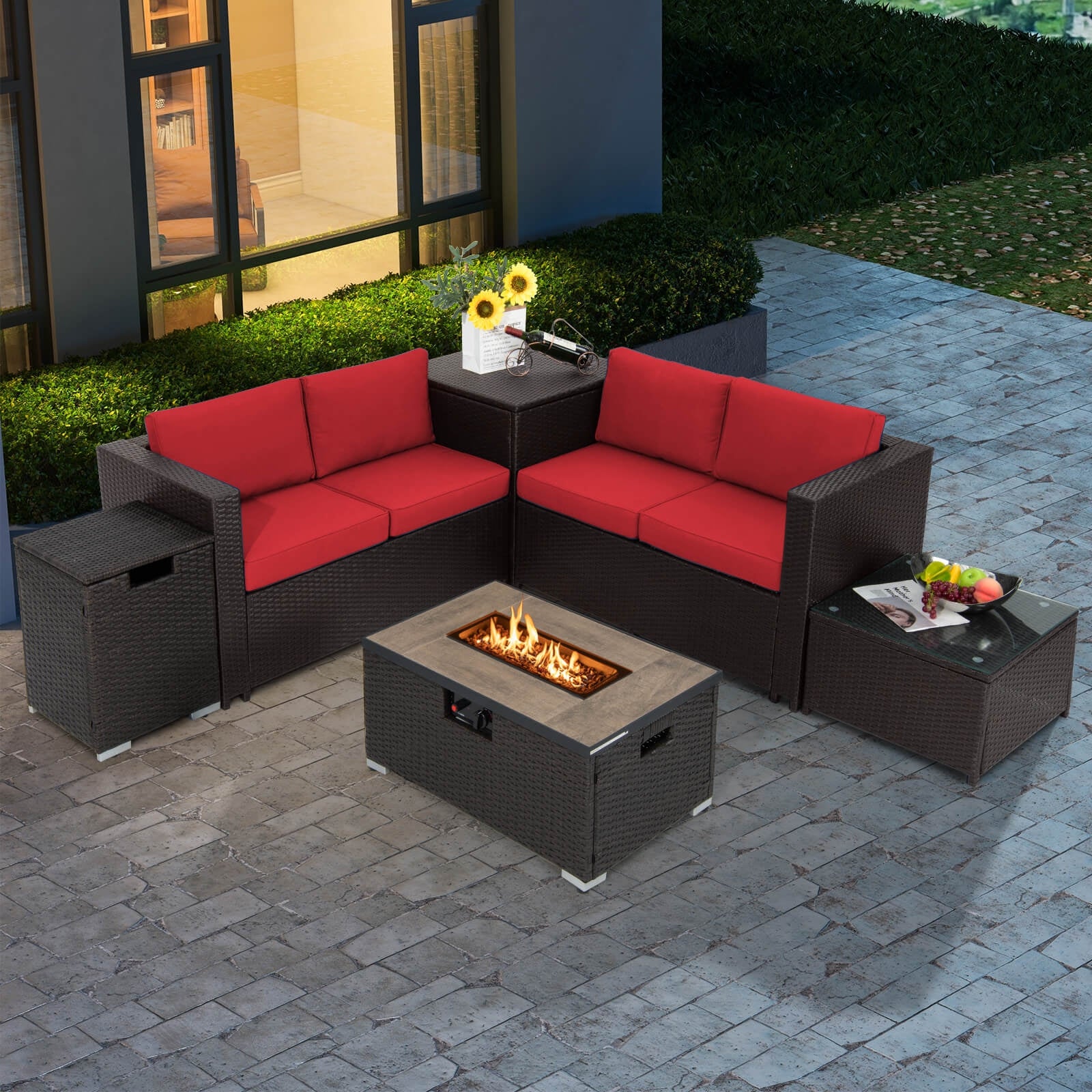 32 Inch x 20 Inch Propane Rattan Fire Pit Table Set with Side Table Tank and Cover, Brown Fire Pit Tables   at Gallery Canada