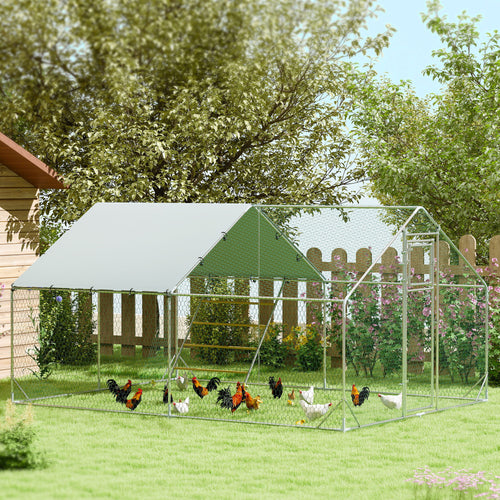 Large Metal Chicken Run with Waterproof &; UV-Resistant Cover, Feeding Door, Hanging Feeder, Perch for 12-18 Chickens