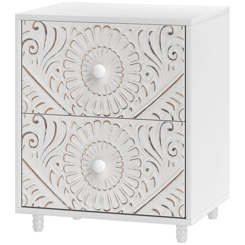 Mid-Century Bedside Table, Nightstand with 2 Drawers, Side End Table for Bedroom, White