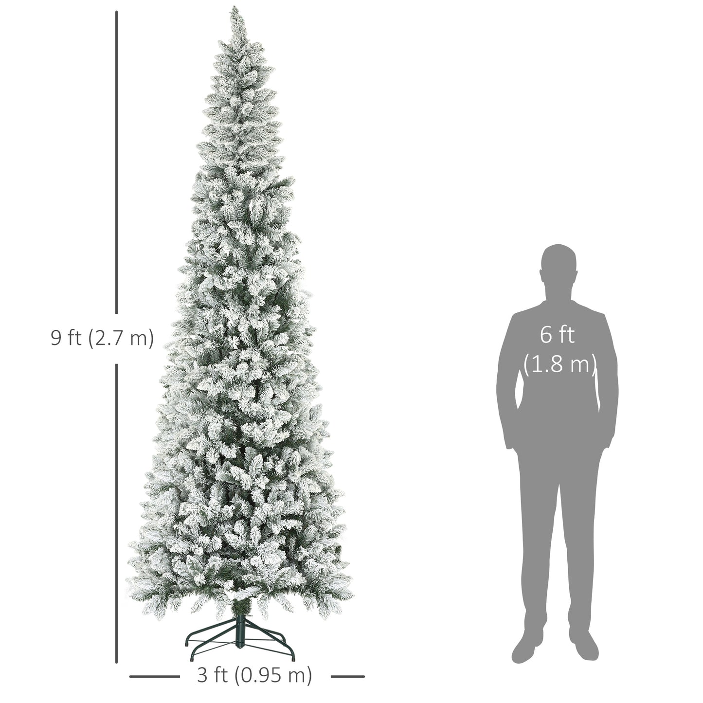 9ft Pencil Christmas Tree, Flocked Tree with 1277 Branch Tips and Metal Base for Home, Indoor, Holiday Pencil Christmas Trees   at Gallery Canada