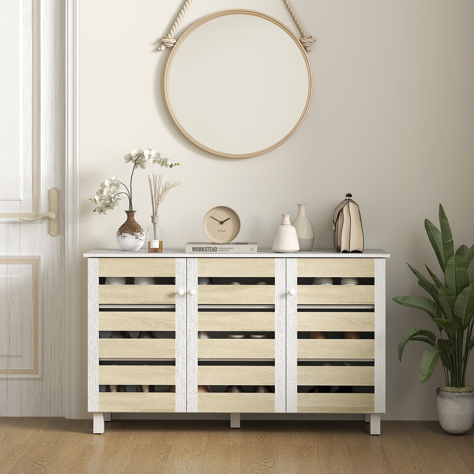 Shoe Cabinet with 3 Slatted Doors, 3-tier Shelving Rack Cabinet with Adjustable Shelves for 15 Pairs of Shoes, White Shoe Storage Cabinets & Racks   at Gallery Canada