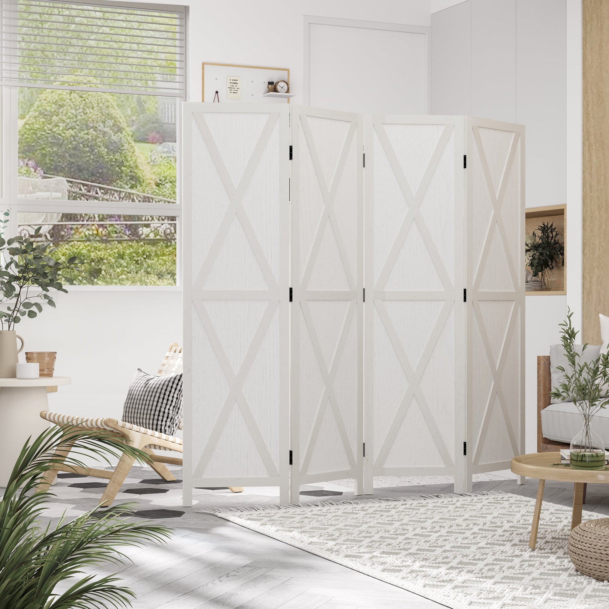 4-panel Wall Partition Farmhouse Room Separator with Foldable Design Wooden Frame 5.6FT, White Room Dividers   at Gallery Canada