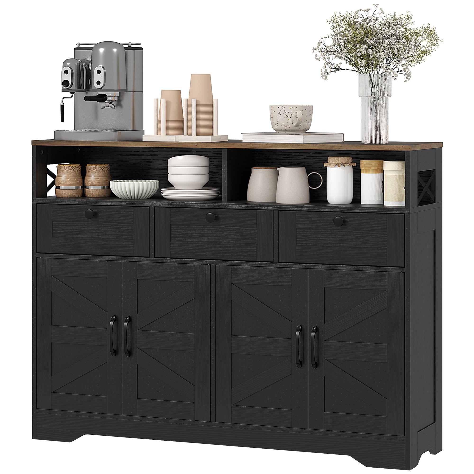 Sideboard, Buffet Cabinet with 4 Barn Doors and 3 Drawers, Coffee Bar Cabinet with Adjustable Shelves, Black Storage Cabinets Black, Walnut at Gallery Canada