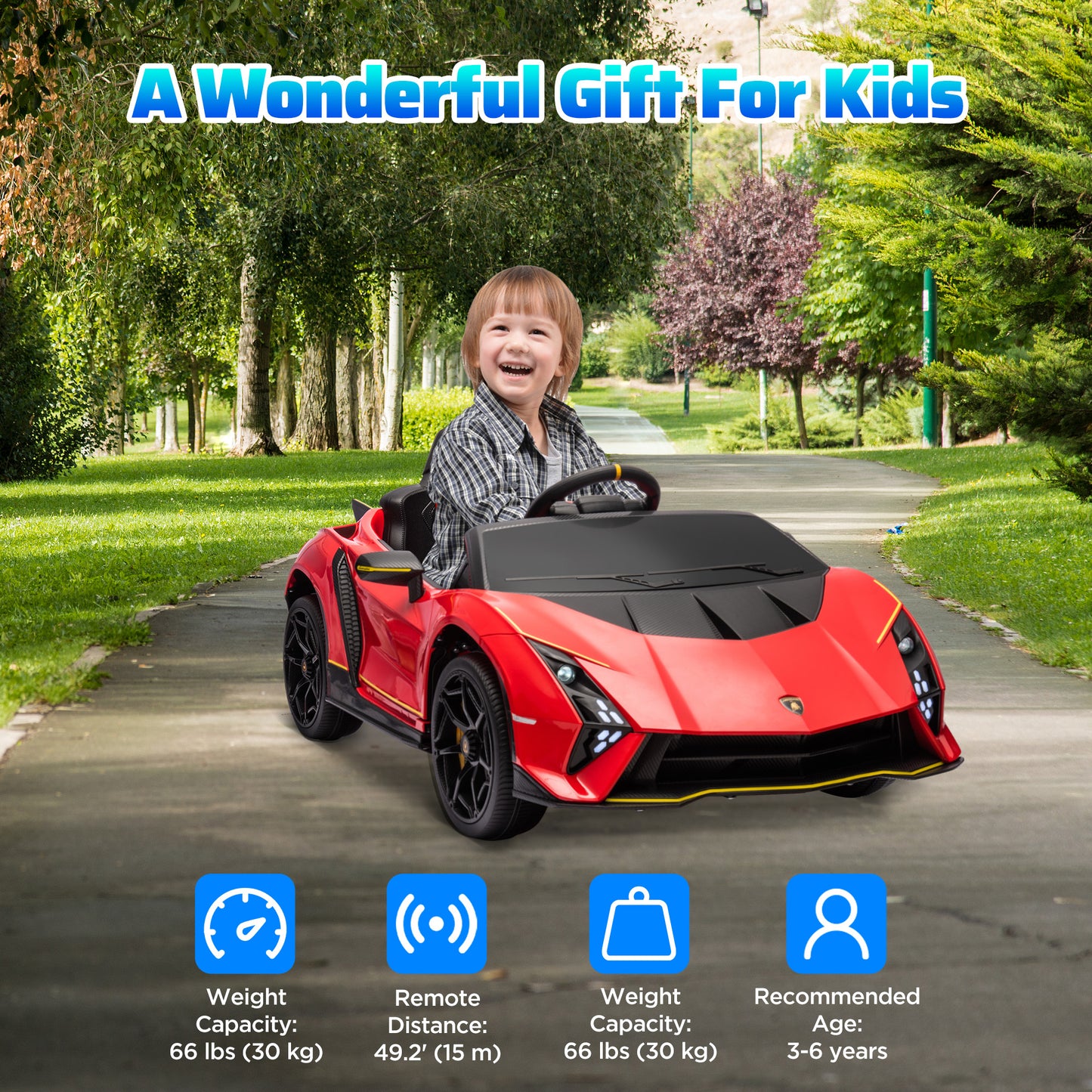 12V Lamborghini Autentica Licensed Kids Car with Remote Control, 4 Wheels Spring Suspension, Soft Start, Red Electric Toy Cars   at Gallery Canada