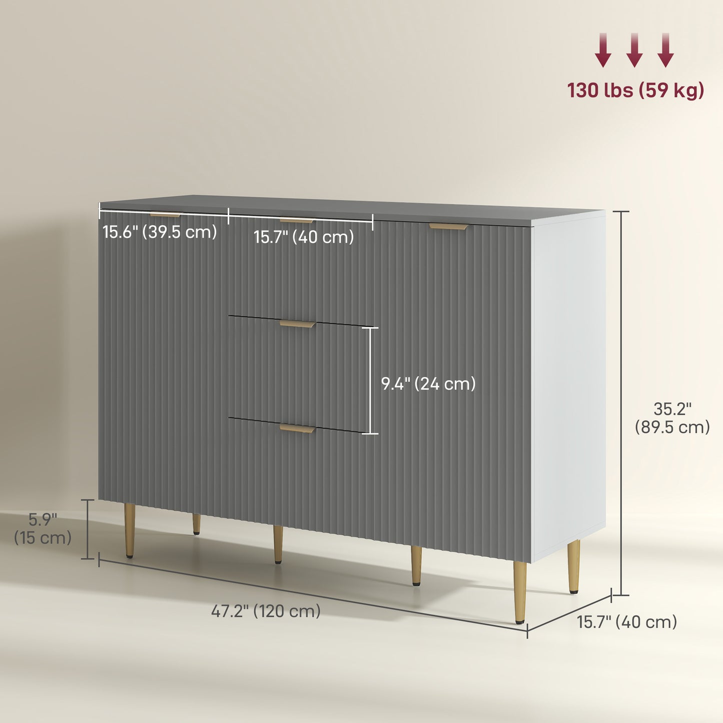 Modern Kitchen Storage Cabinet, Sideboard Buffet Cabinet w/ 3 Drawers and Adjustable Shelves for Kitchen Hallway, Grey Bar Cabinets   at Gallery Canada