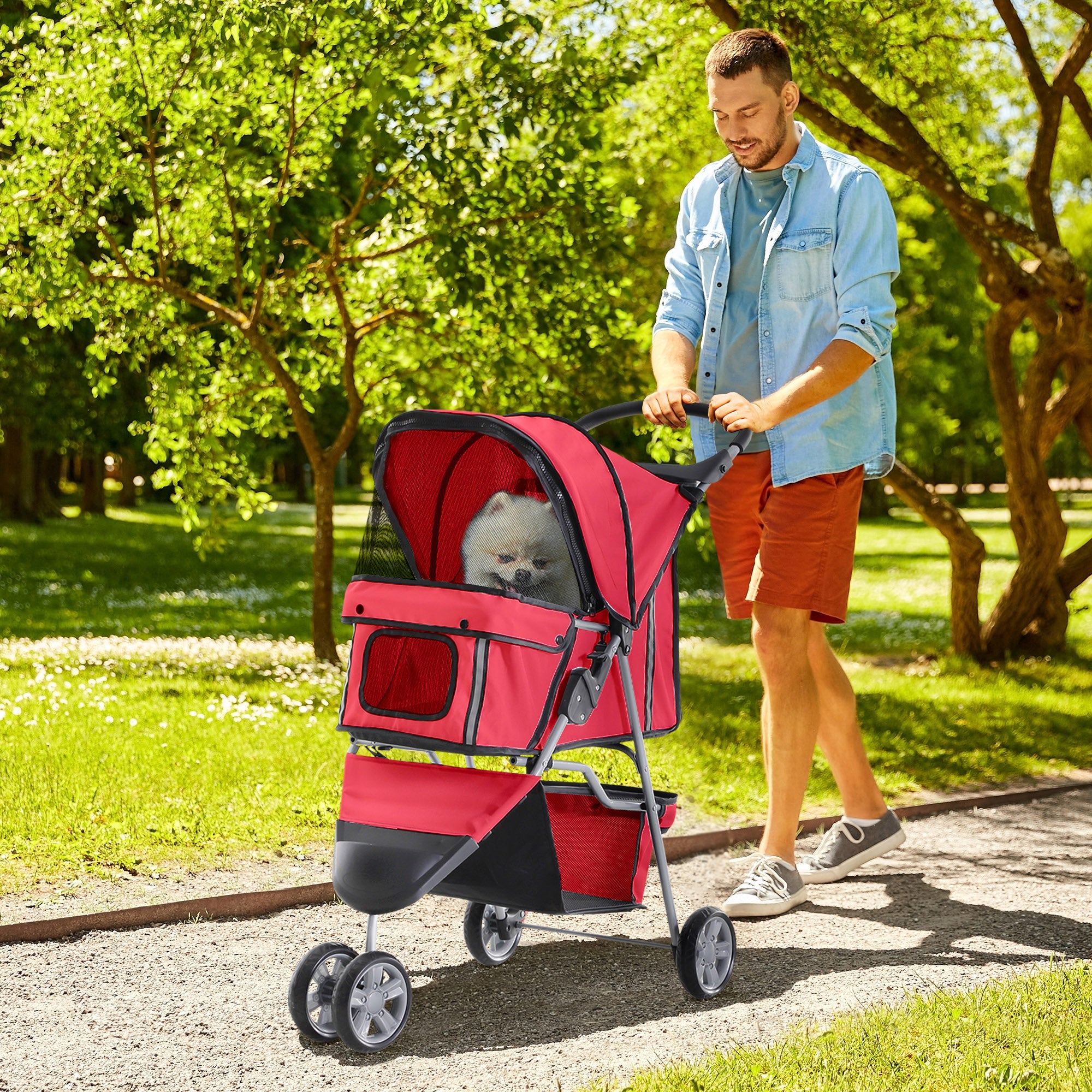 3 Wheels Foldable Dog Stroller with Storage Basket, Adjustable Canopy, Cupholder for Miniature and Small Dogs, Red Dog Bike Trailers & Strollers at Gallery Canada
