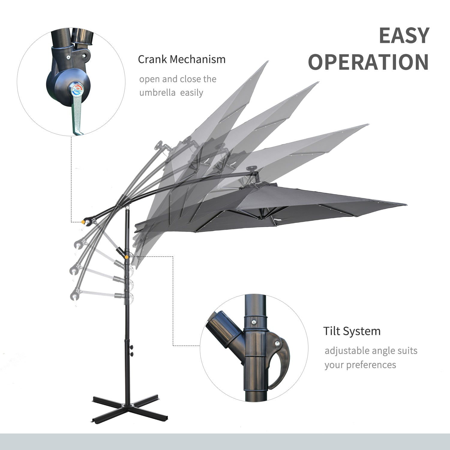 10ft Outdoor Cantilever Umbrella with Solar Lights, Banana Umbrella with Adjustable Angle for Patio, Backyard, Dark Gray Cantilever Umbrellas at Gallery Canada