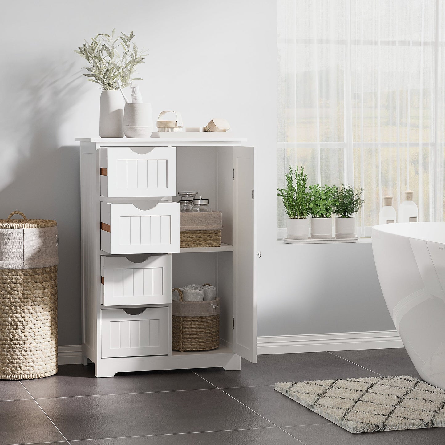 Bathroom Storage Cabinet, Floor Cabinet with Adjustable Shelf and 4 Drawers, Side Cabinet for Washroom, White Bathroom Cabinets   at Gallery Canada