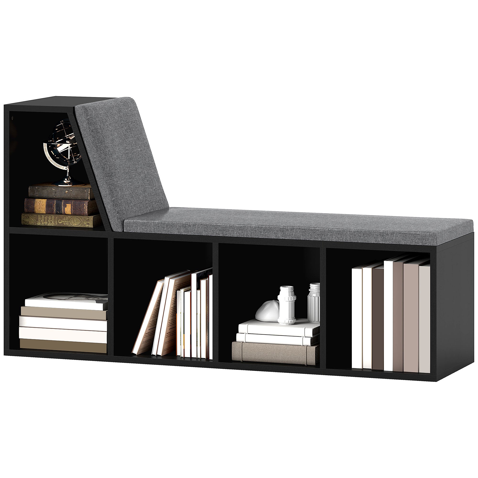 Multi-Purpose Bookshelf with 5 Cubes, 5-Cubby Bookcase with Cushioned Reading Nook and Storage Shelves, Distressed Black Bookshelves & Bookcases Distressed Black, Grey at Gallery Canada