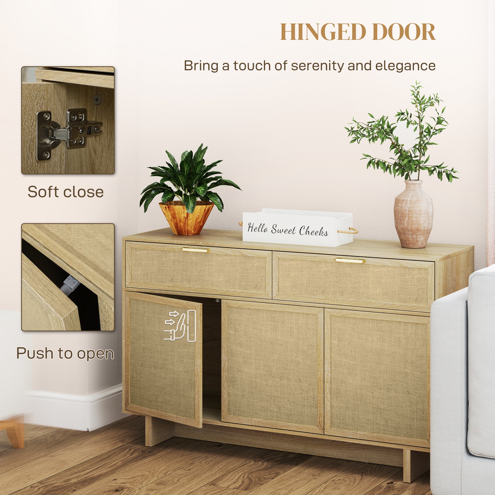 Boho Kitchen Sideboard Buffet Cabinet with Hinge Doors, Drawers and Adjustable Shelf for Living Room, Natural Wood Bar Cabinets at Gallery Canada