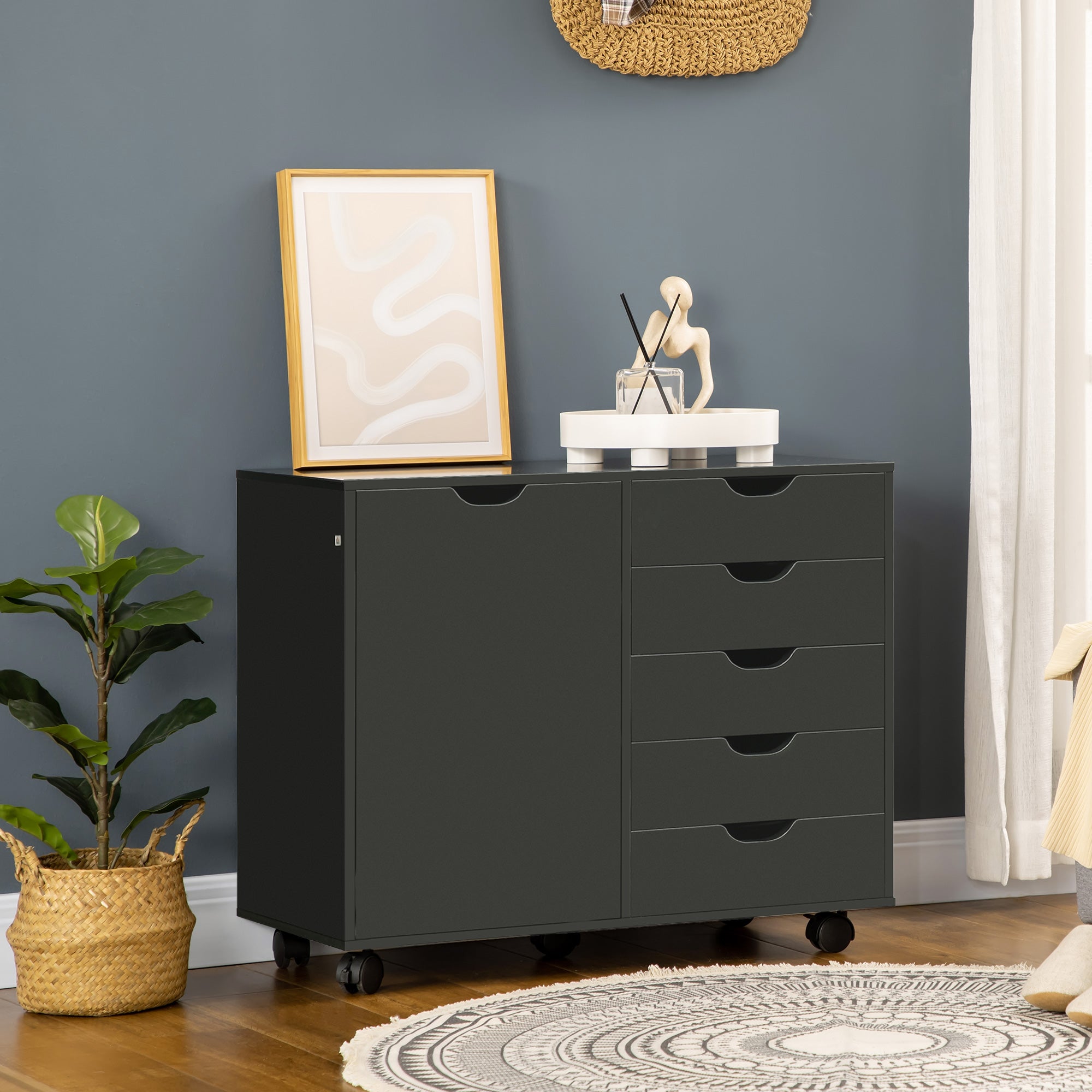 Lateral Filing Cabinet, 5-Drawers File Cabinet with Door and Adjustable Shelf, Mobile Office Storage Cabinet on Wheels, Printer Stand for Home Office, Black Storage Cabinets at Gallery Canada
