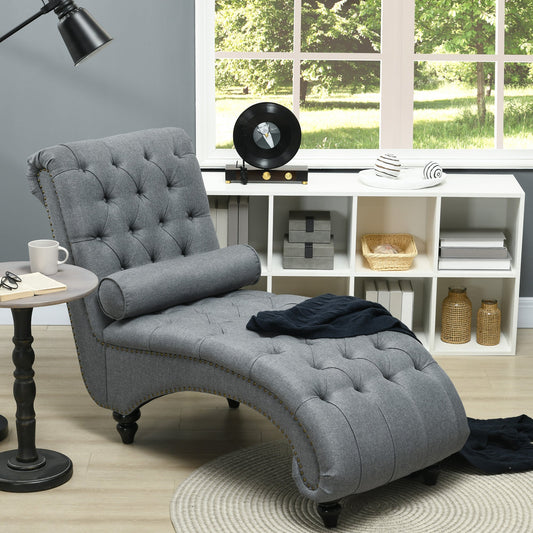 Button Tufted Chaise Lounge Chair Indoor Upholstered Lounge Chair with Bolster Pillow Wood Legs Nailhead Trim for Living Room Bedroom Home Office Grey Single Sofas Grey  at Gallery Canada