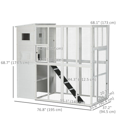 68.7" H Cat Cage Large Wooden Outdoor Cat House with Large Run for Play, Catio for Lounging, and Condo Area for Sleeping, White Outdoor Cat Enclosures White  at Gallery Canada