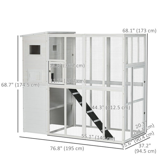 68.7" H Cat Cage Large Wooden Outdoor Cat House with Large Run for Play, Catio for Lounging, and Condo Area for Sleeping, White Outdoor Cat Enclosures   at Gallery Canada