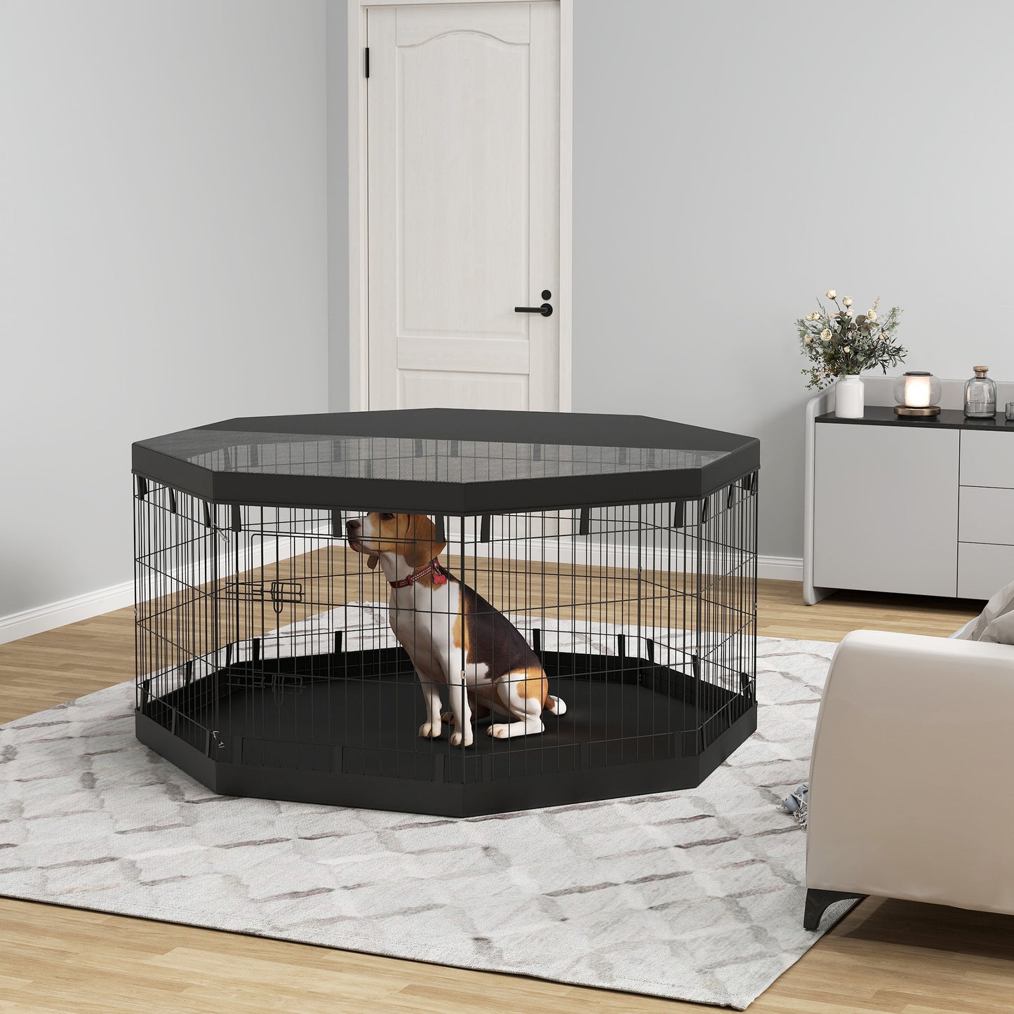 8 Panels Foldable Dog Playpen with Bottom Pad &; Top Cover, 30" High Houses, Kennels & Pens Black  at Gallery Canada