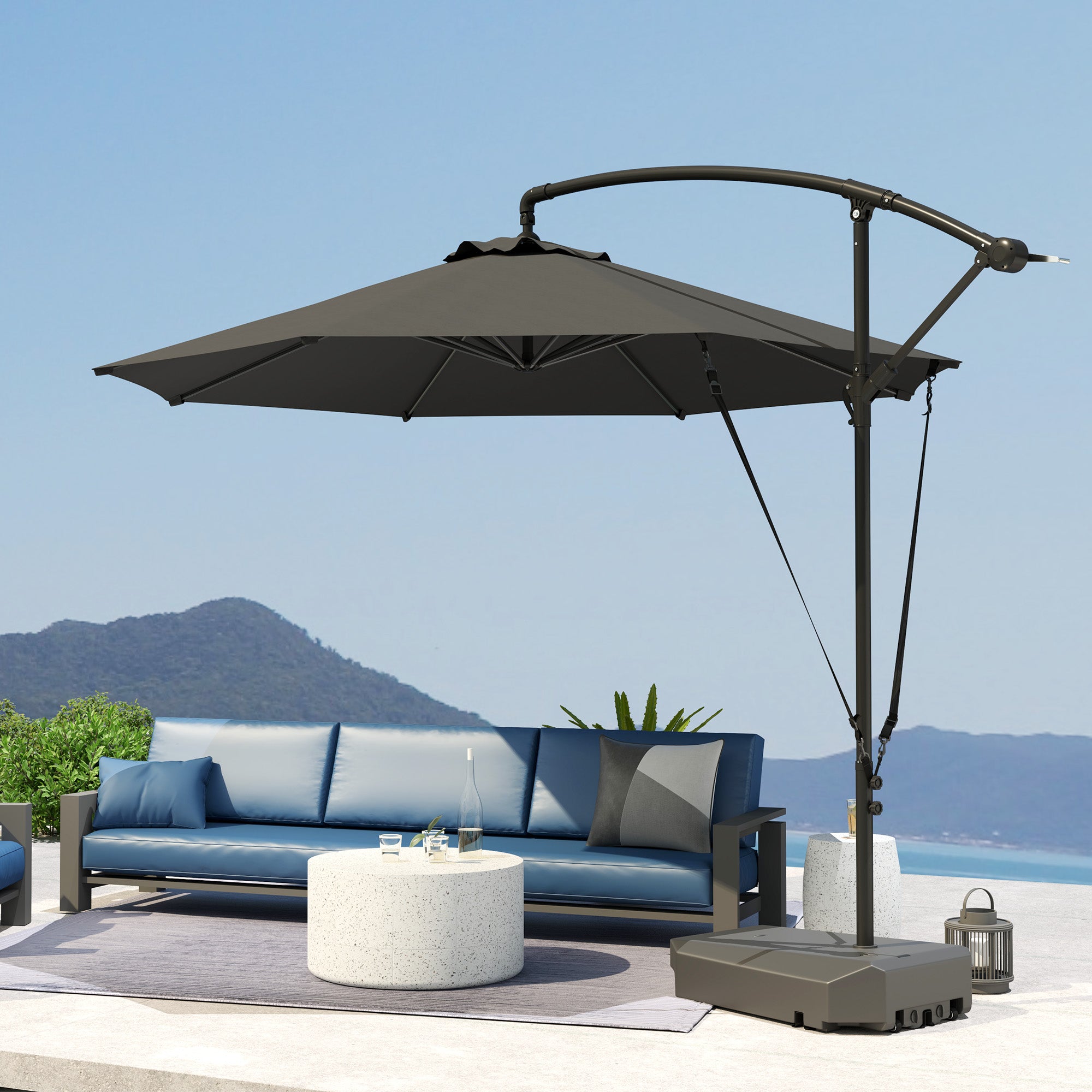 10FT Cantilever Umbrella with Fillable Base, Wind Strap and Cover, Offset Hanging Umbrella with Crank, UPF50+, Grey Offset Cantilever Umbrellas at Gallery Canada