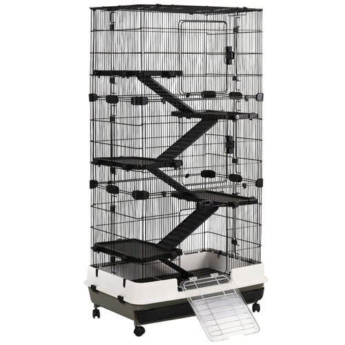 6-Tier Rolling Small Animal Cage with Platforms, Ramps, Tray, Wheels - Black